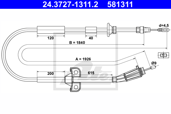 Cablu, frana de parcare 24.3727-1311.2 ATE