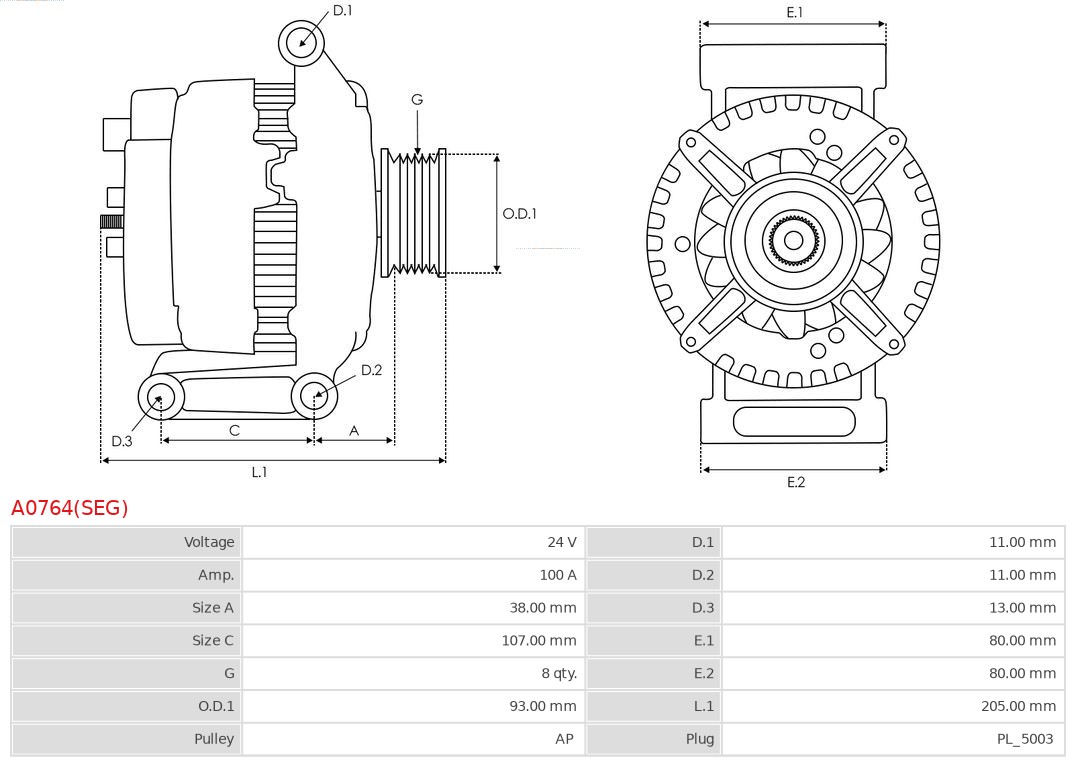 Generator / Alternator A0764(SEG) AS-PL