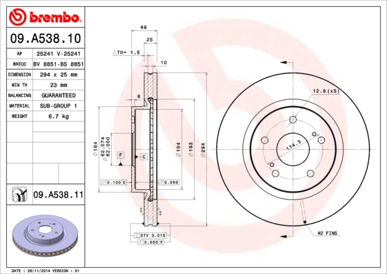 Disc frana 09.A538.11 BREMBO