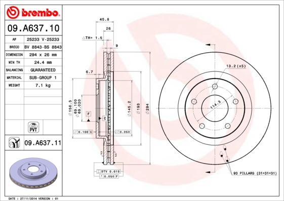 Disc frana 09.A637.11 BREMBO