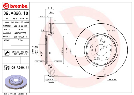 Disc frana 09.A866.11 BREMBO