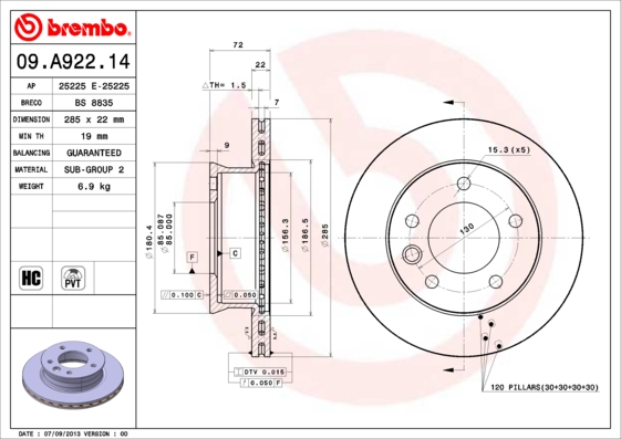 Disc frana 09.A922.14 BREMBO