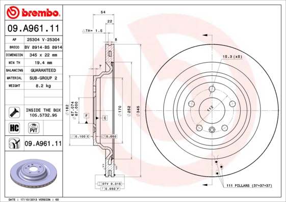 Disc frana 09.A961.11 BREMBO