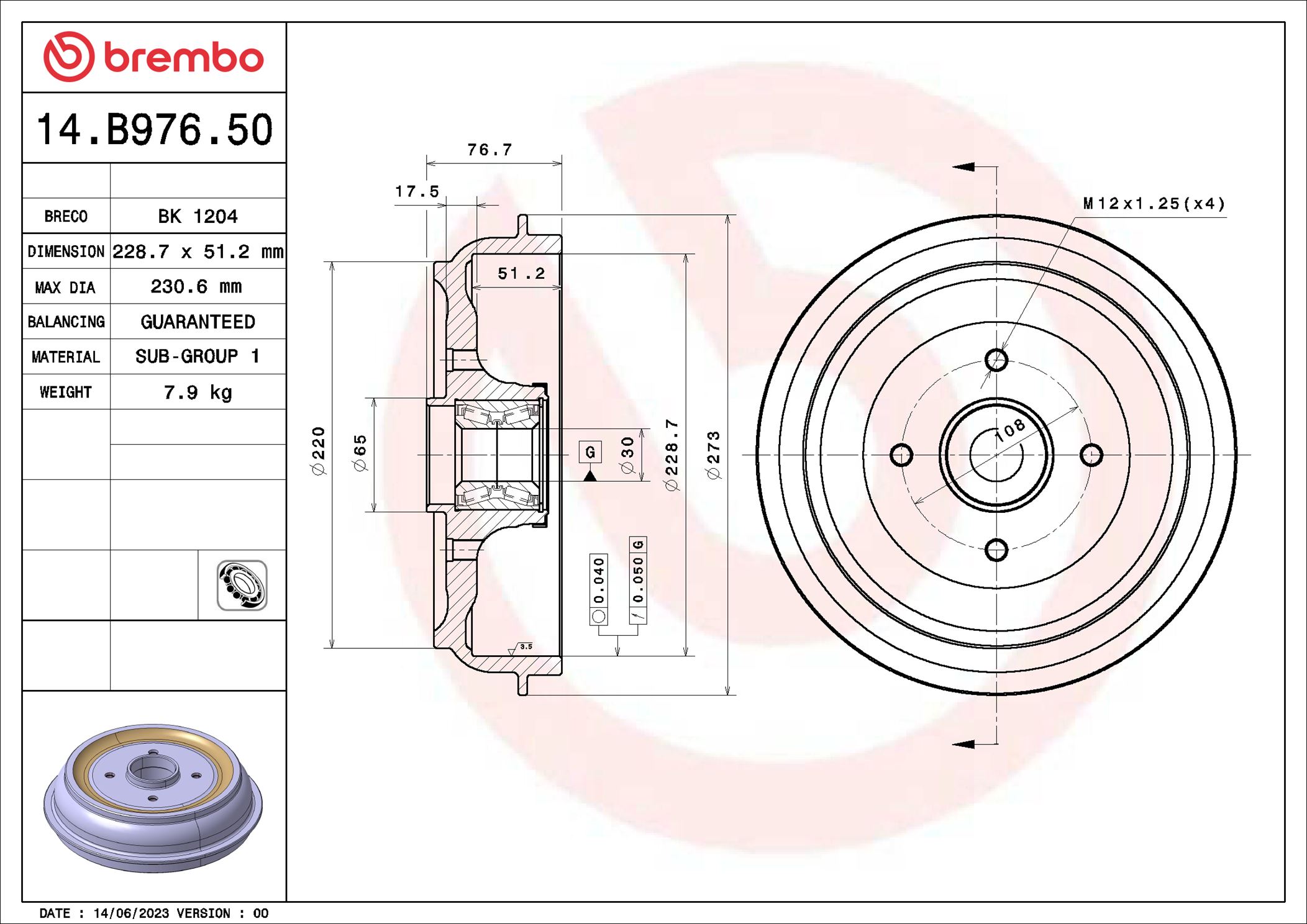 Tambur frana 14.B976.50 BREMBO