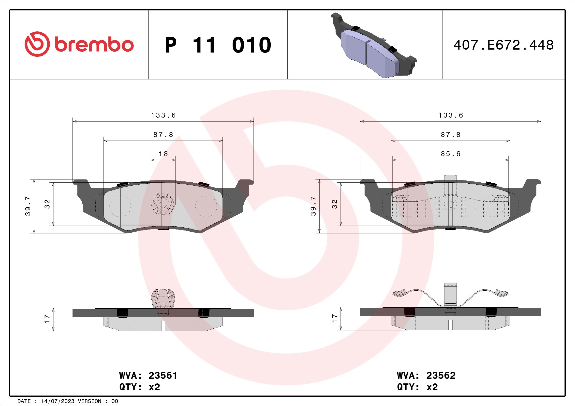 set placute frana,frana disc P 11 010 BREMBO
