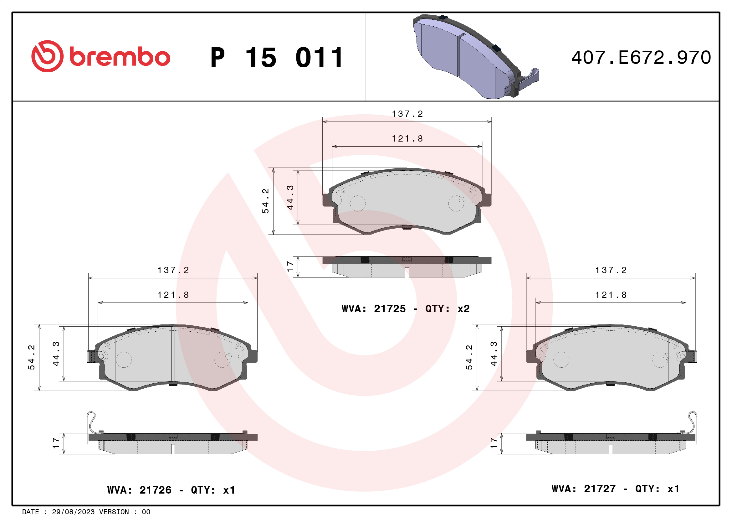 set placute frana,frana disc P 15 011 BREMBO