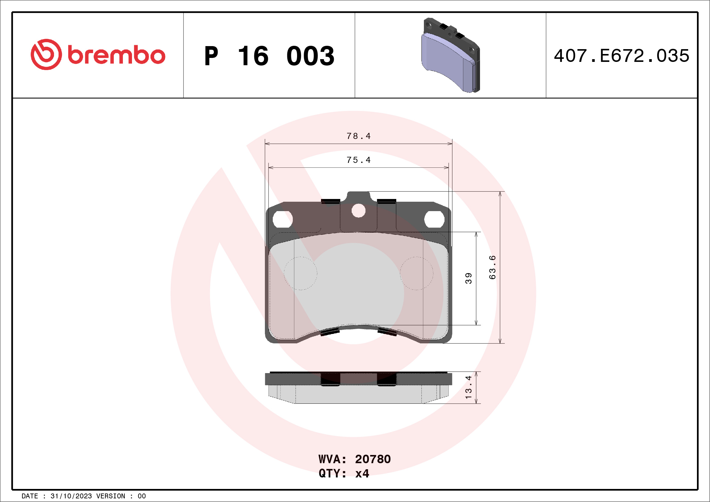 set placute frana,frana disc P 16 003 BREMBO