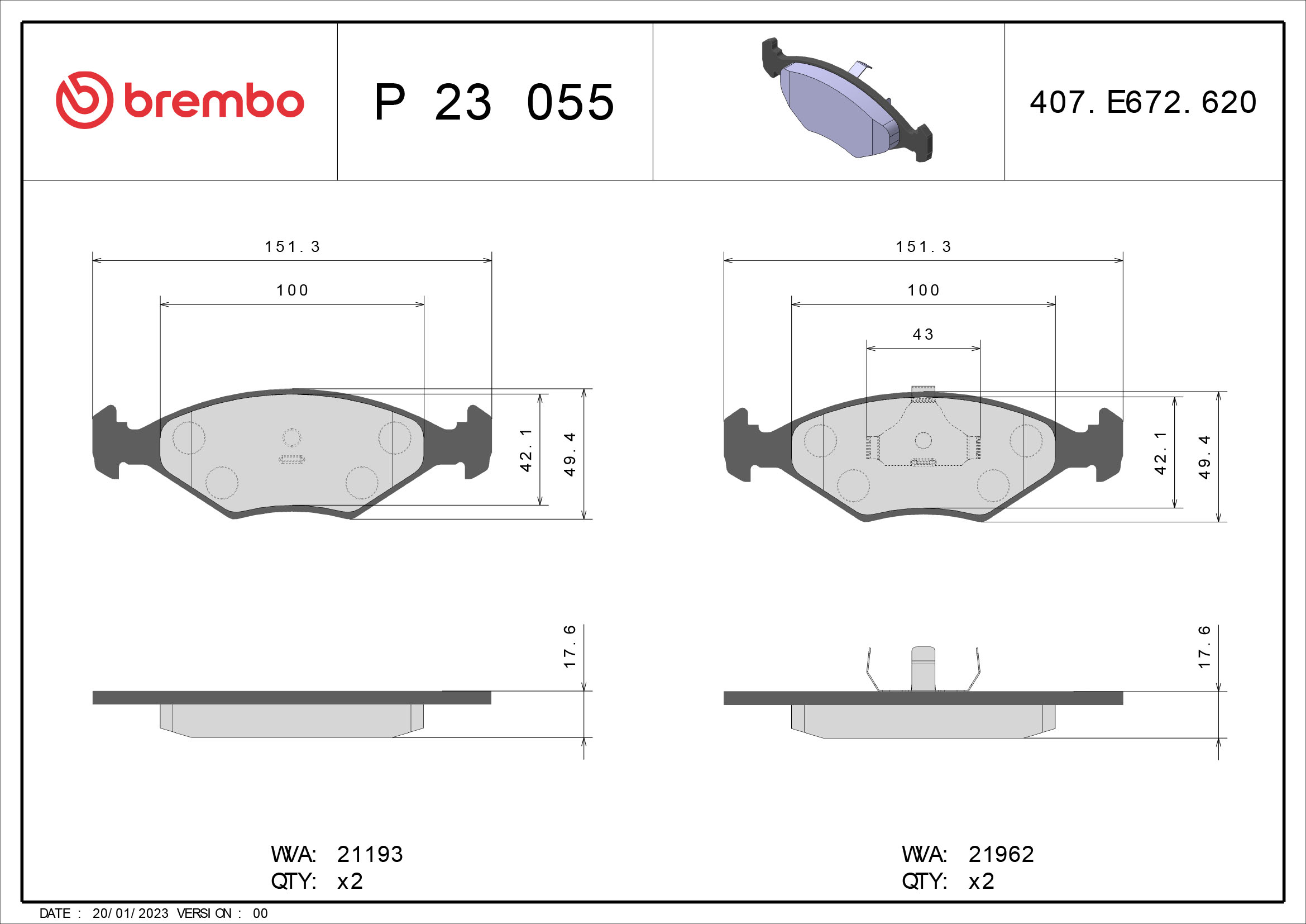 set placute frana,frana disc P 23 055 BREMBO