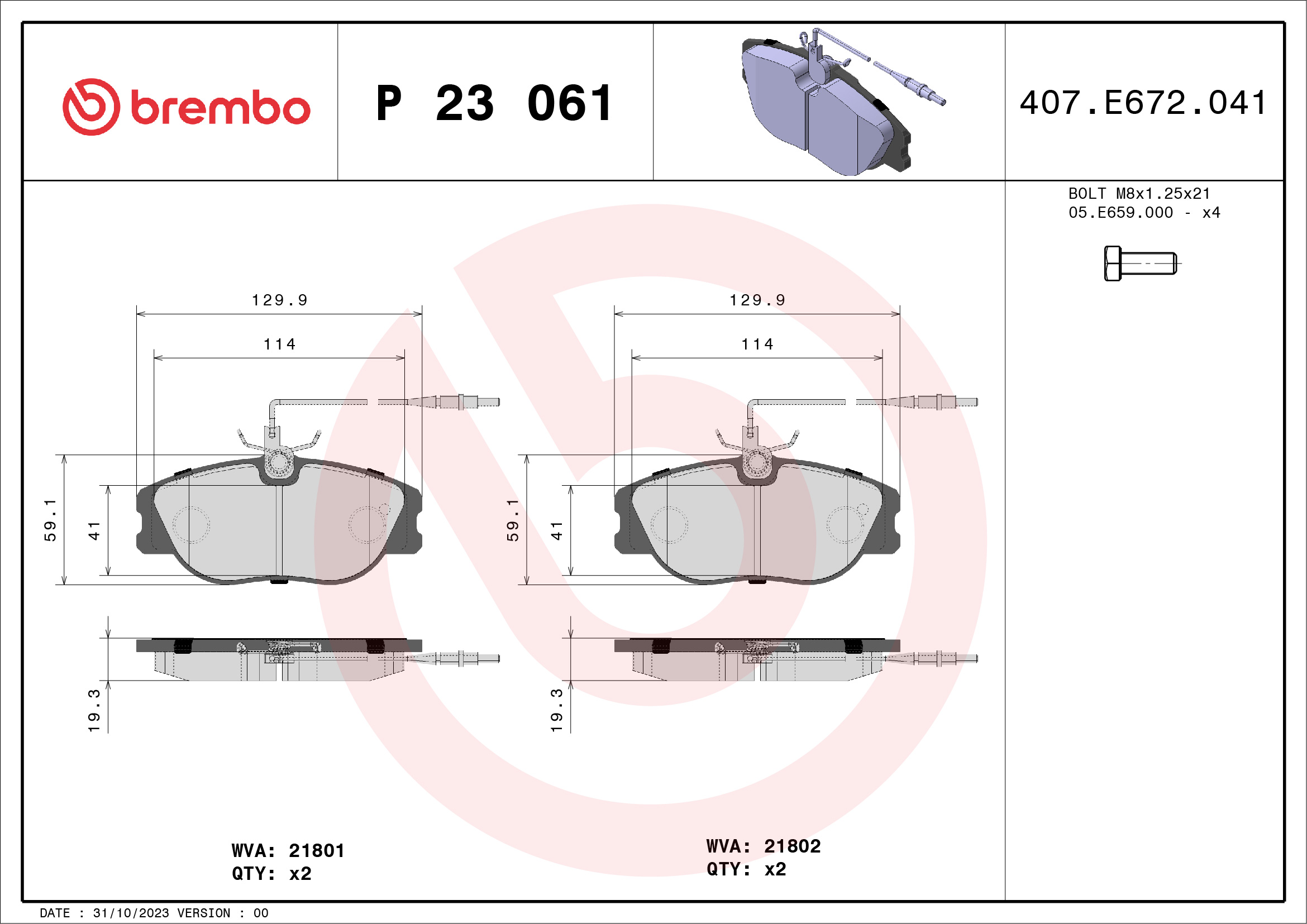 set placute frana,frana disc P 23 061 BREMBO
