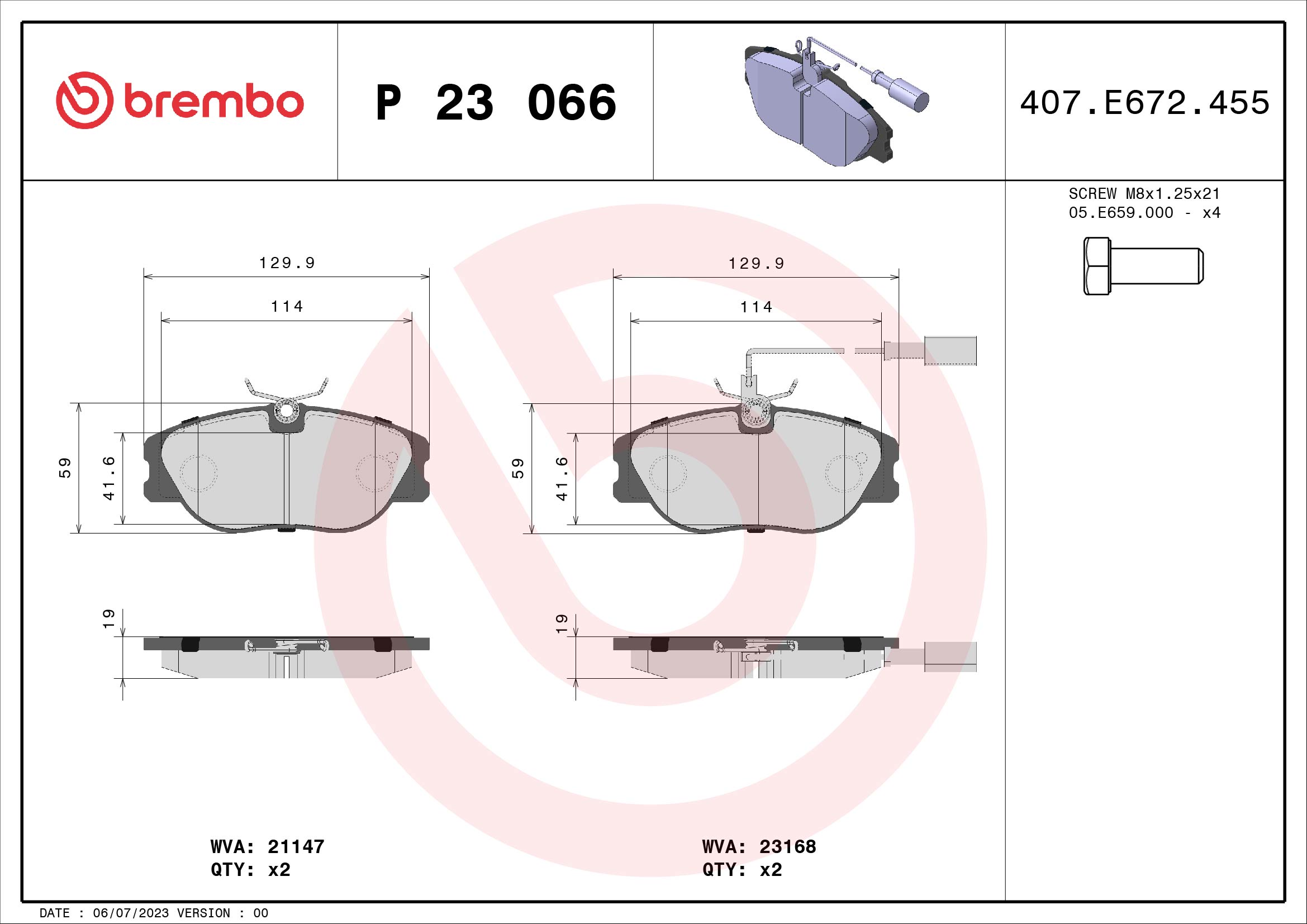 set placute frana,frana disc P 23 066 BREMBO