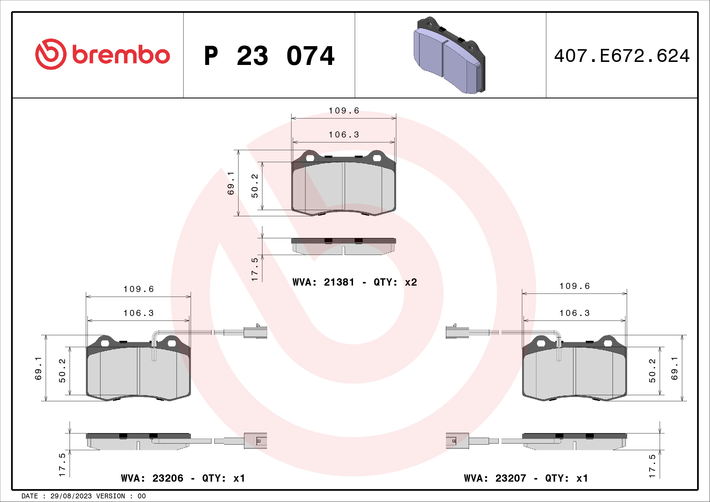 set placute frana,frana disc P 23 074 BREMBO