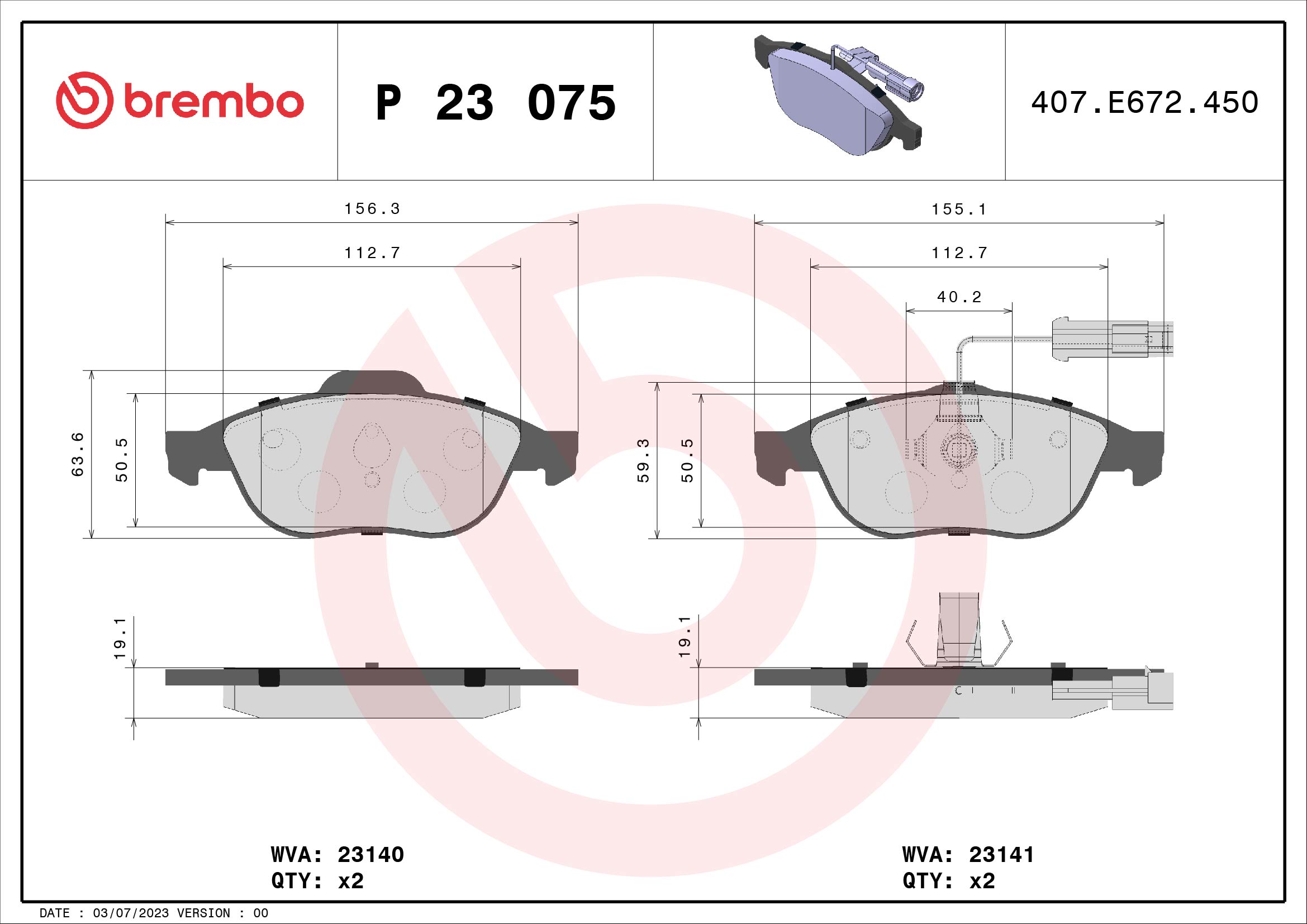 set placute frana,frana disc P 23 075 BREMBO