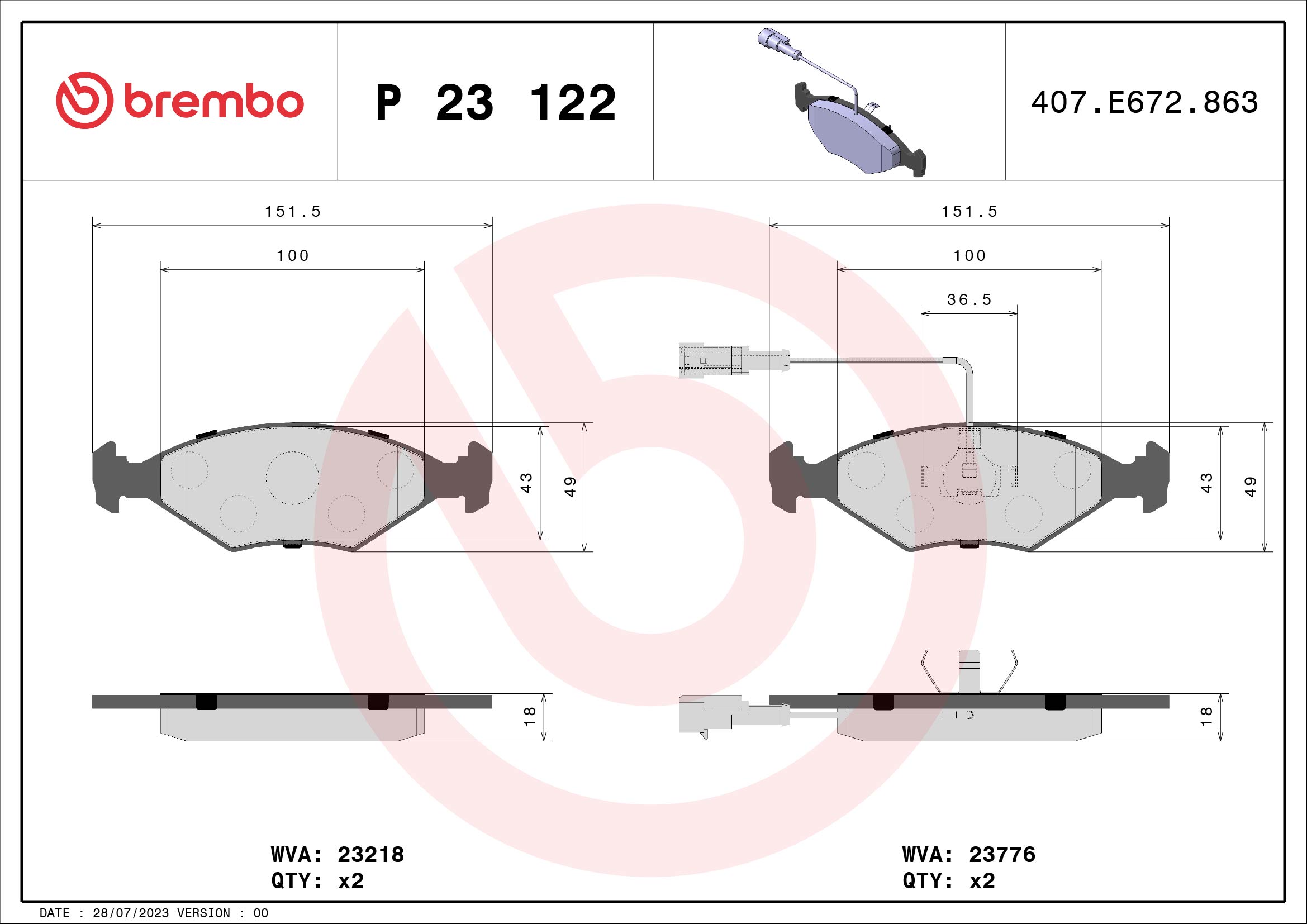 set placute frana,frana disc P 23 122 BREMBO