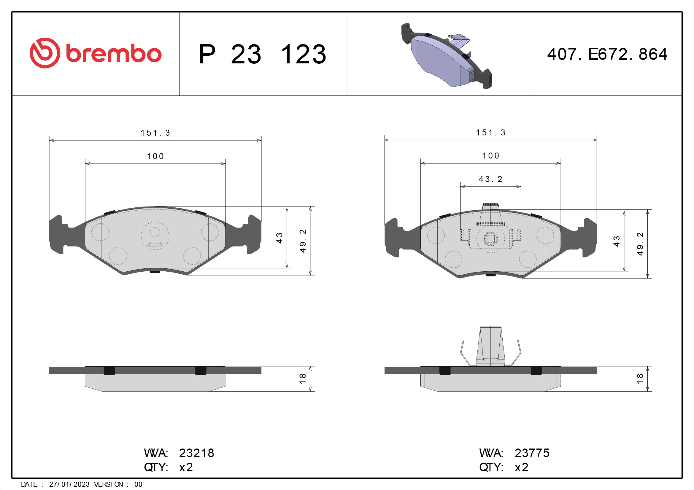 set placute frana,frana disc P 23 123 BREMBO
