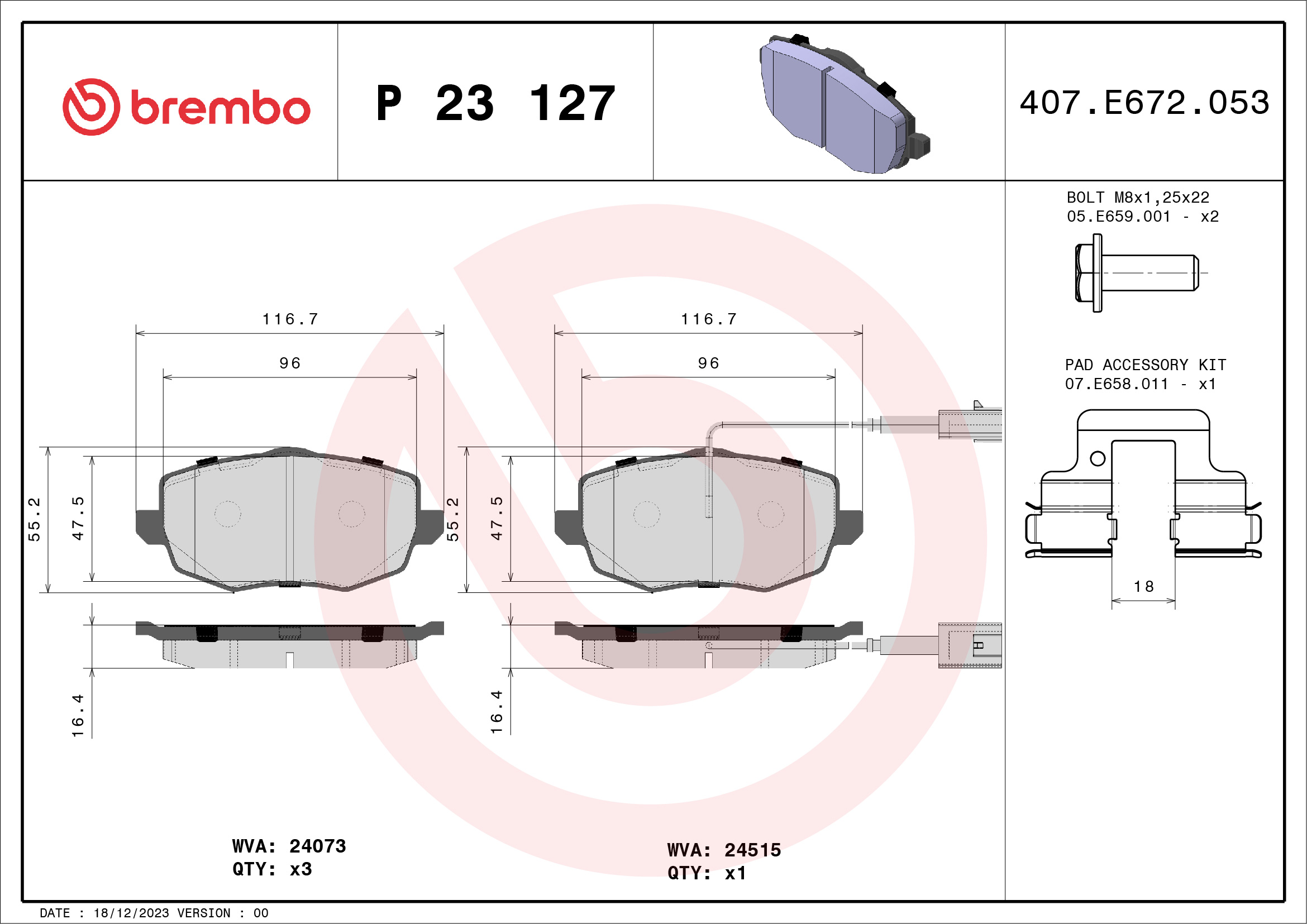 set placute frana,frana disc P 23 127 BREMBO