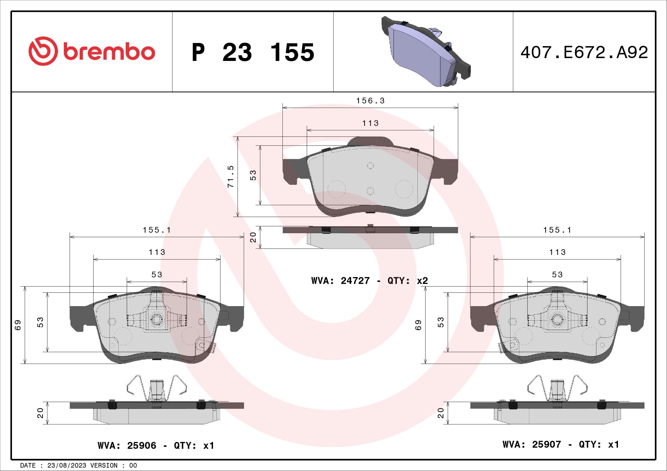 set placute frana,frana disc P 23 155 BREMBO