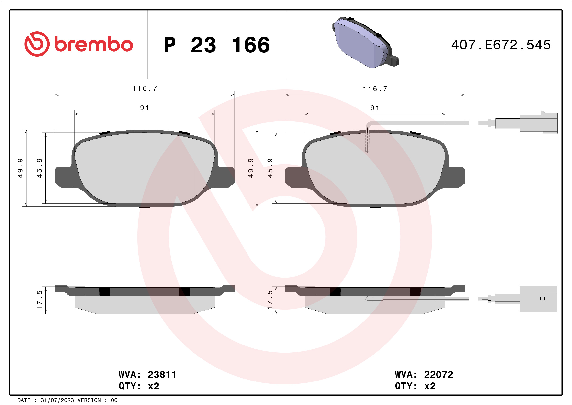 set placute frana,frana disc P 23 166 BREMBO