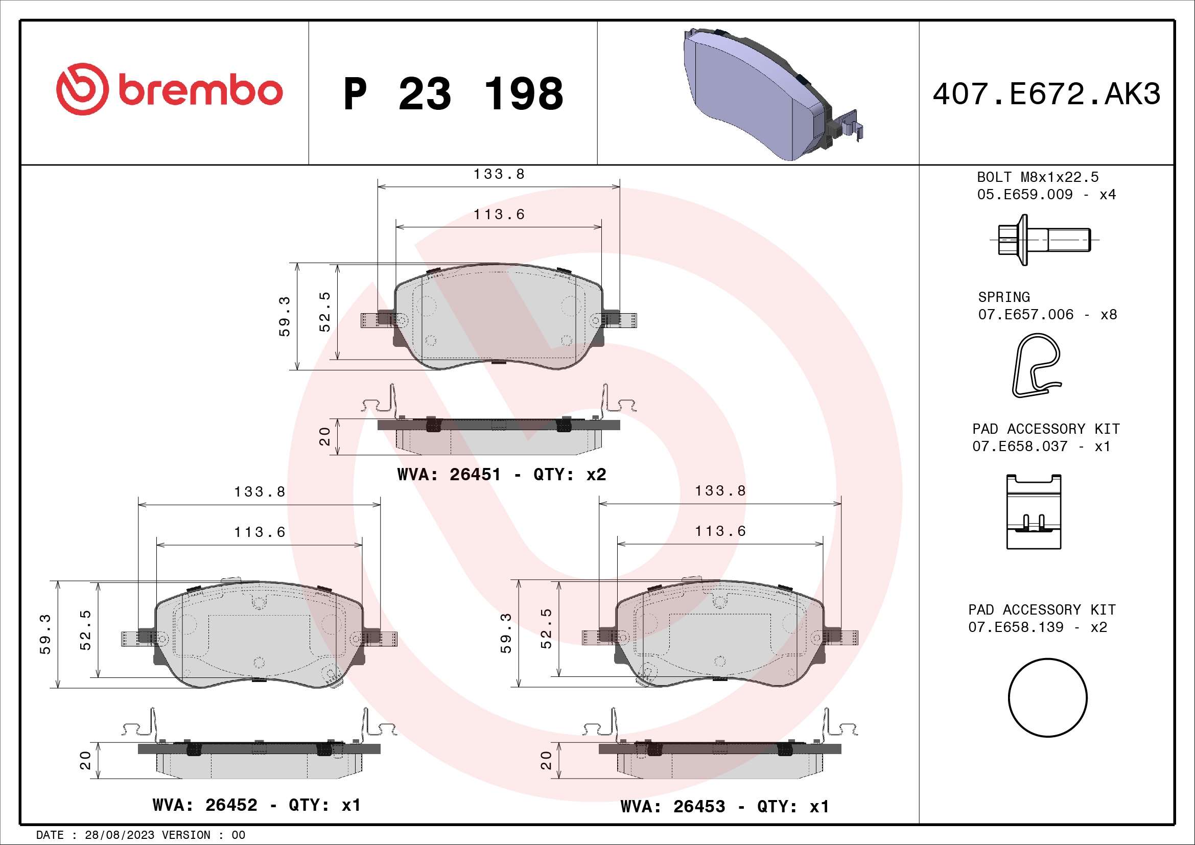 set placute frana,frana disc P 23 198 BREMBO