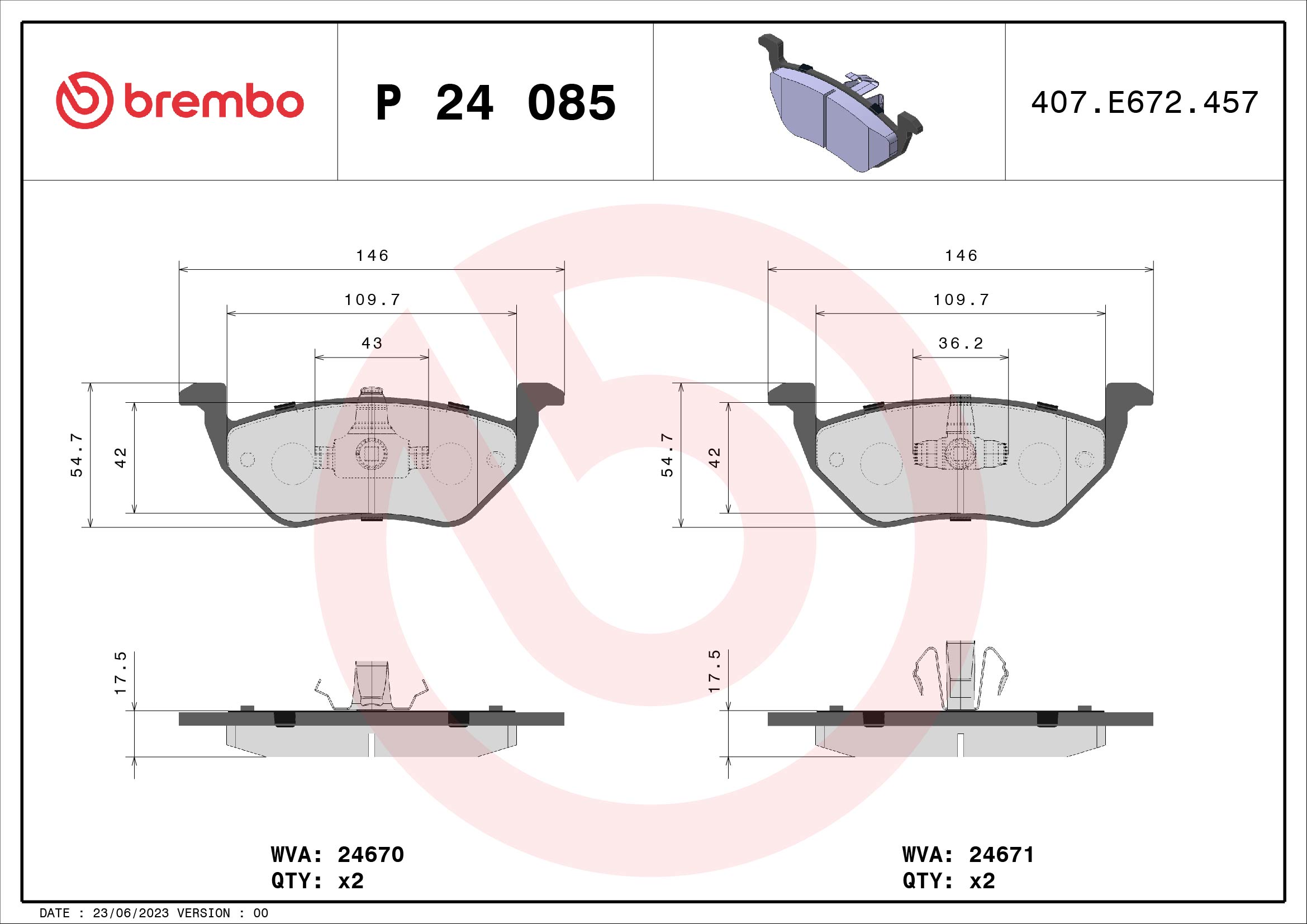 set placute frana,frana disc P 24 085 BREMBO
