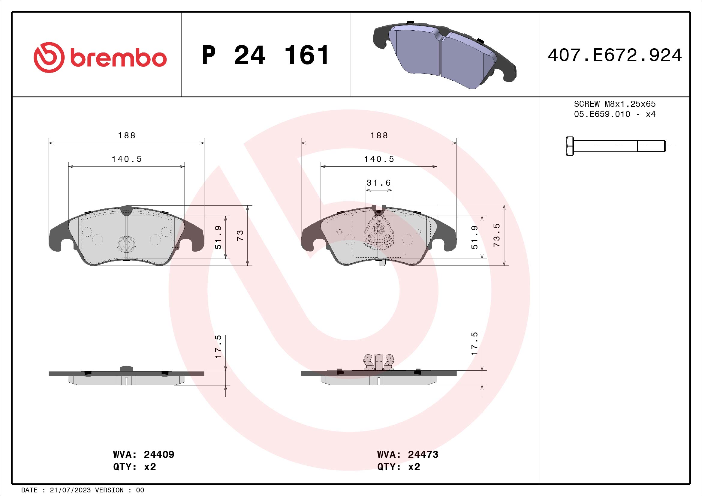 set placute frana,frana disc P 24 161 BREMBO