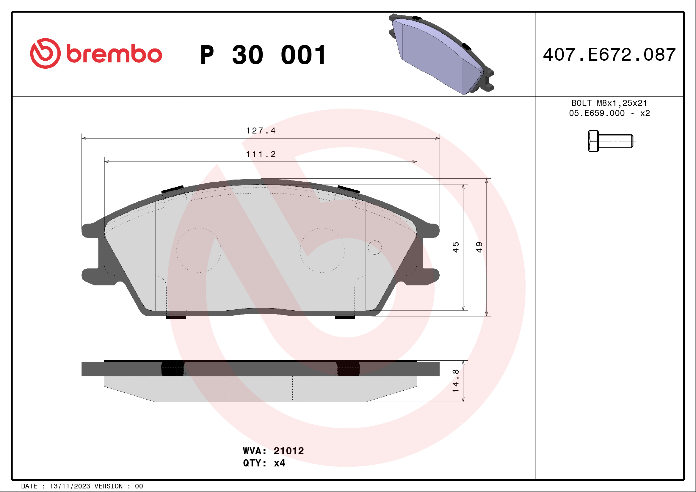 set placute frana,frana disc P 30 001 BREMBO