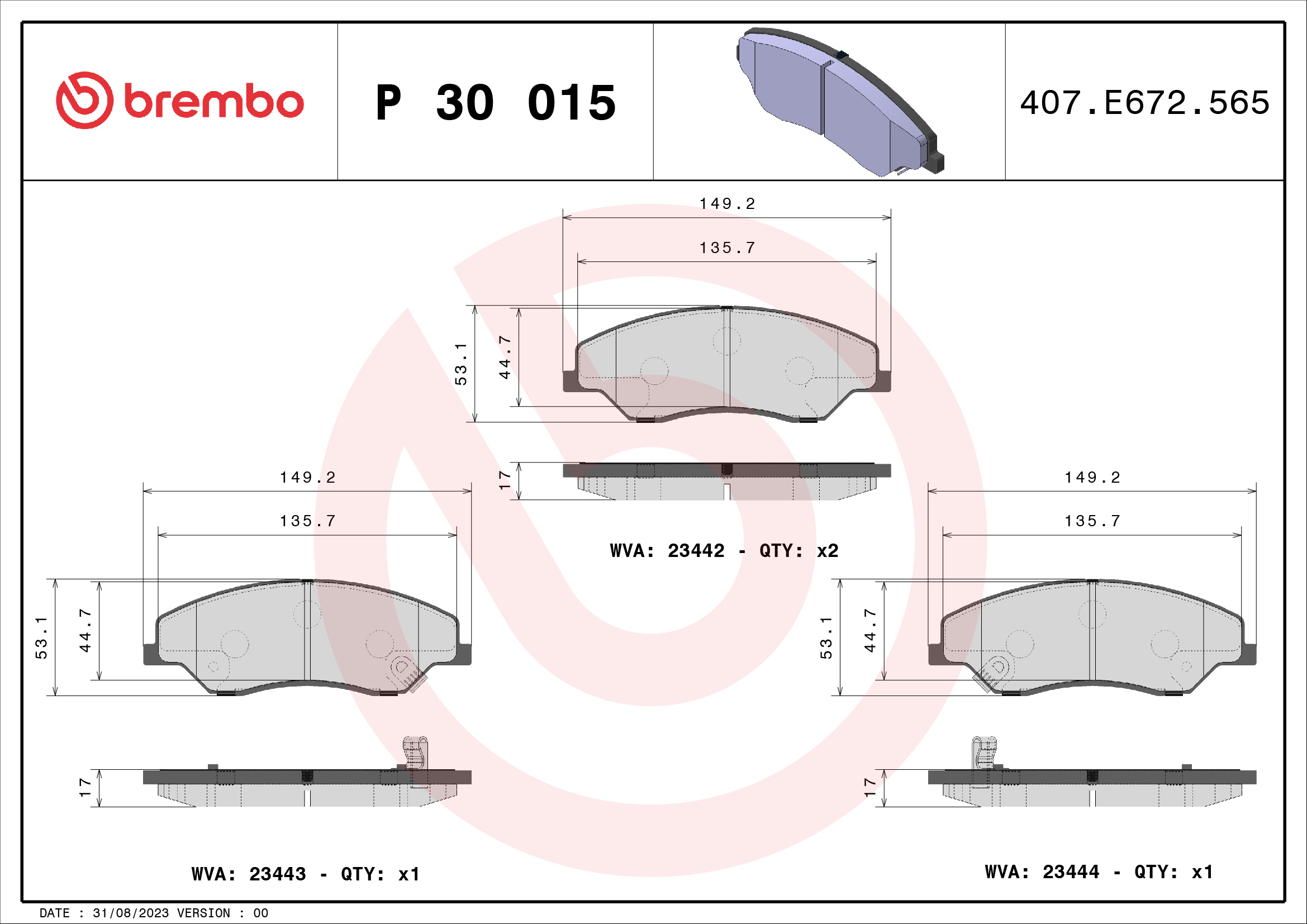 set placute frana,frana disc P 30 015 BREMBO