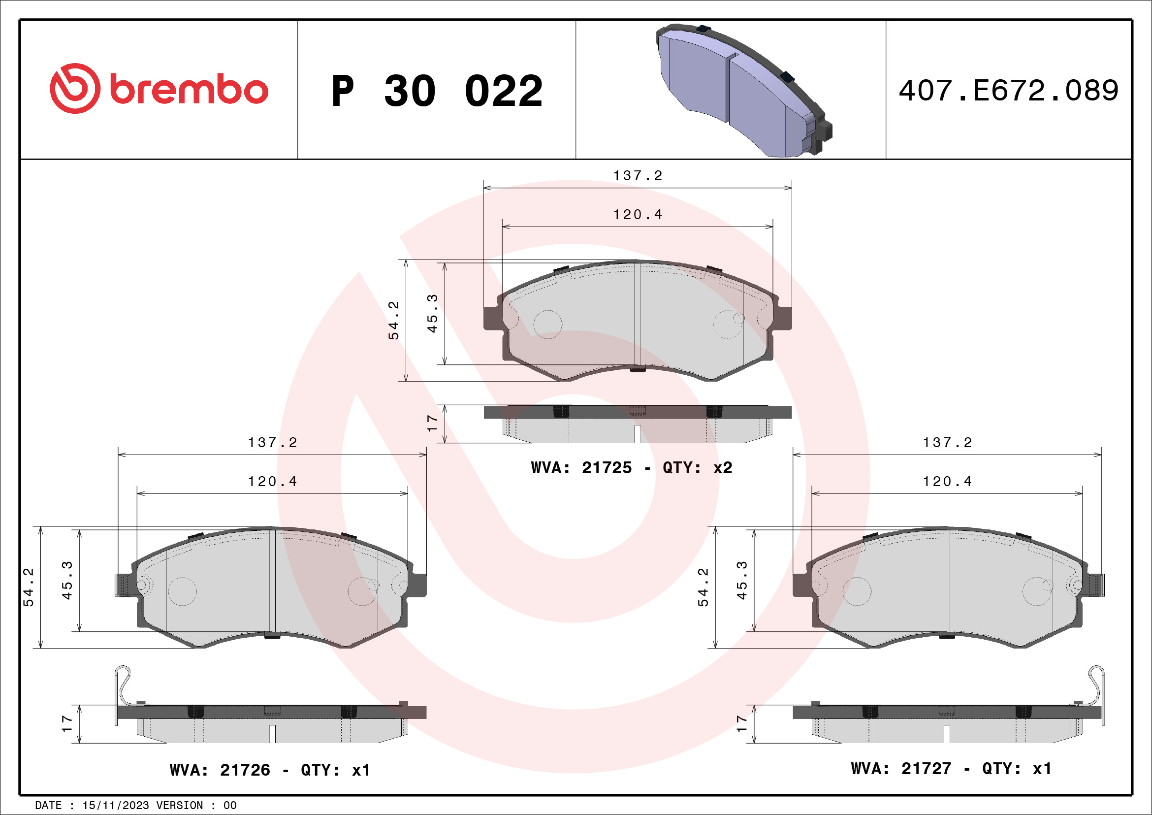 set placute frana,frana disc P 30 022 BREMBO