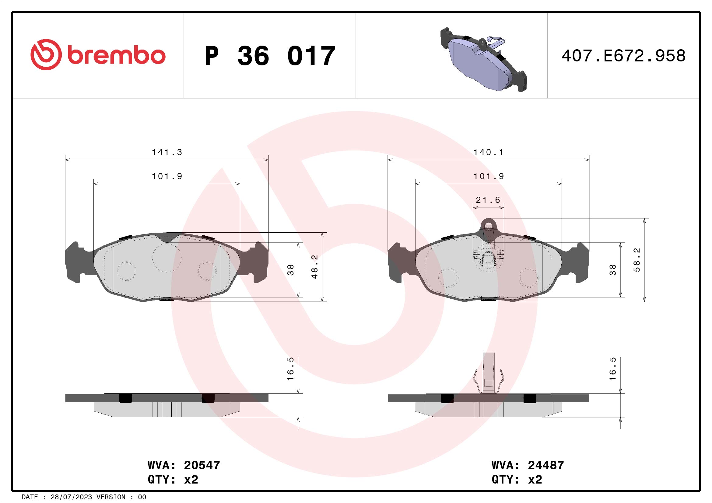 set placute frana,frana disc P 36 017 BREMBO