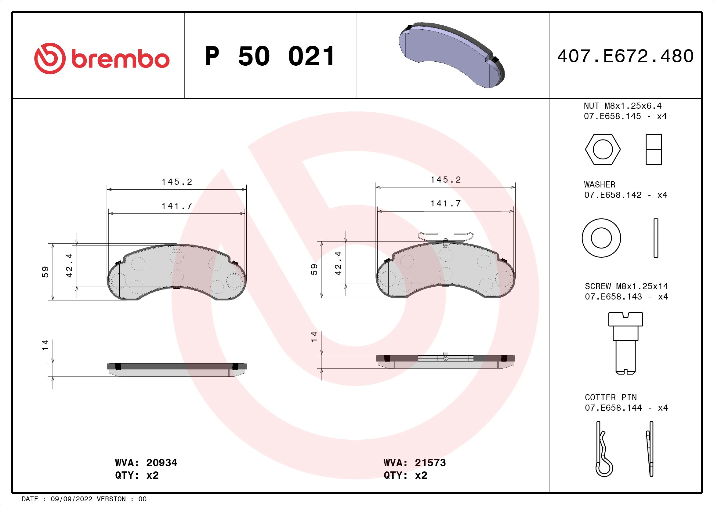 set placute frana,frana disc P 50 021 BREMBO