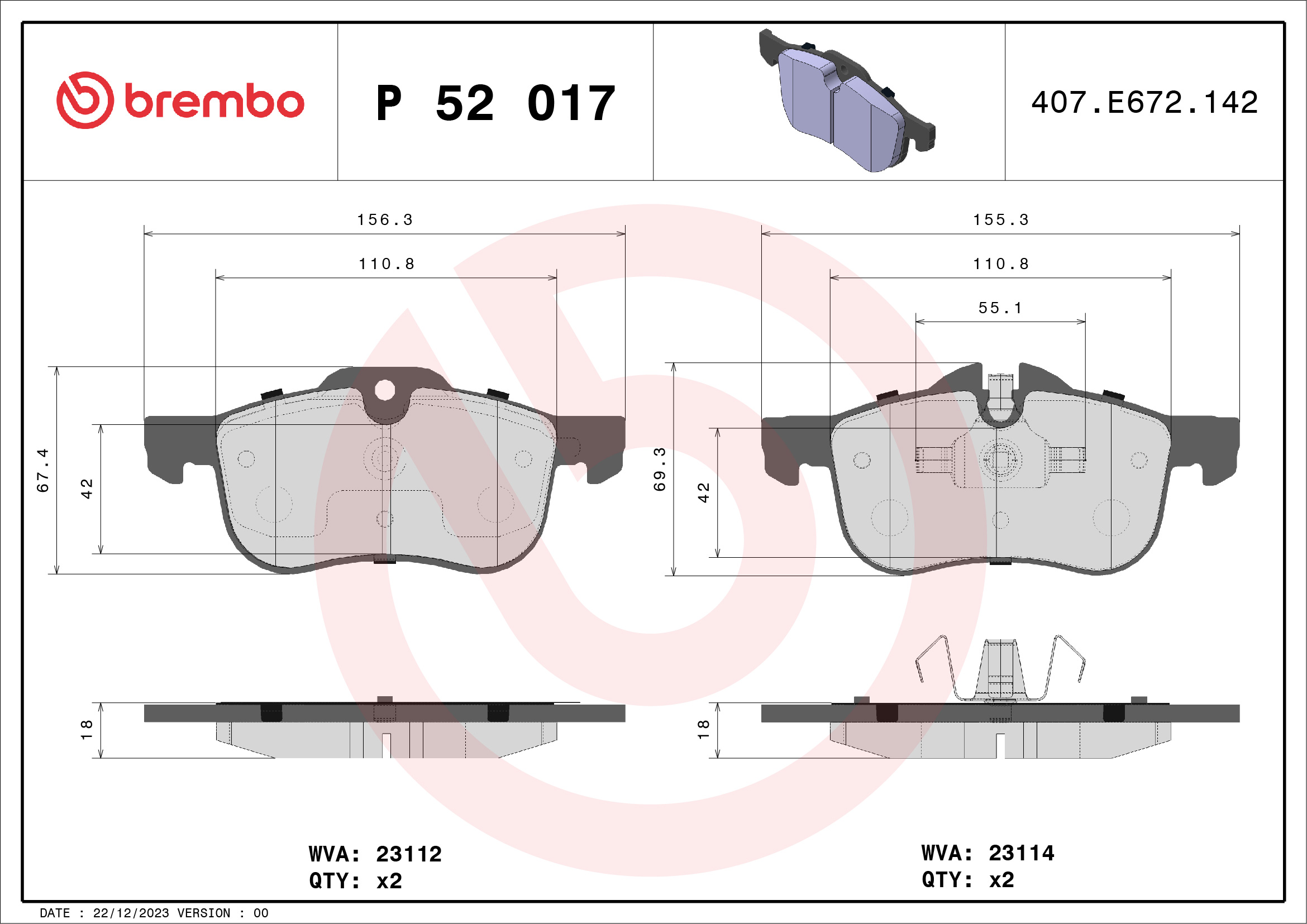 set placute frana,frana disc P 52 017 BREMBO