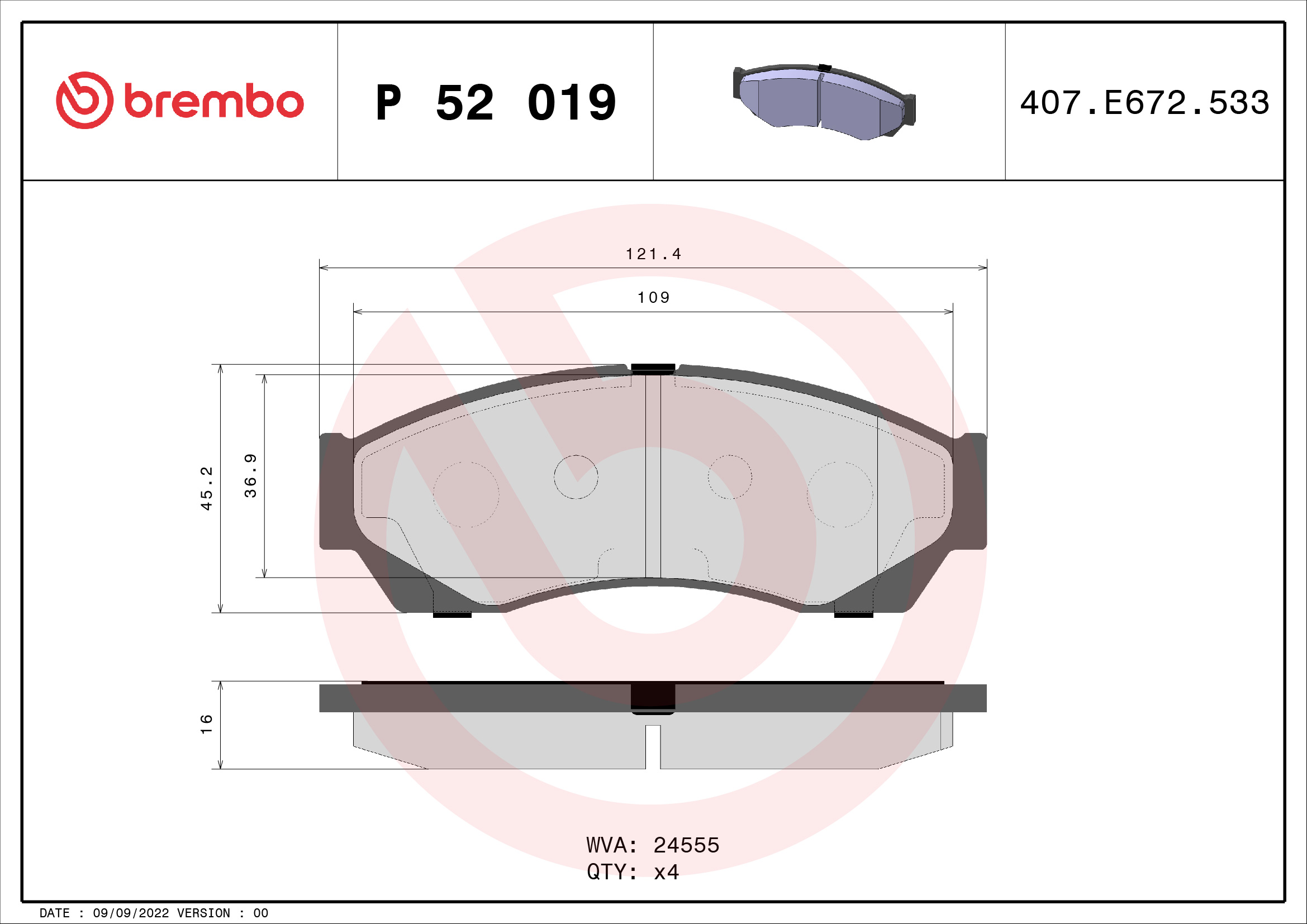 set placute frana,frana disc P 52 019 BREMBO