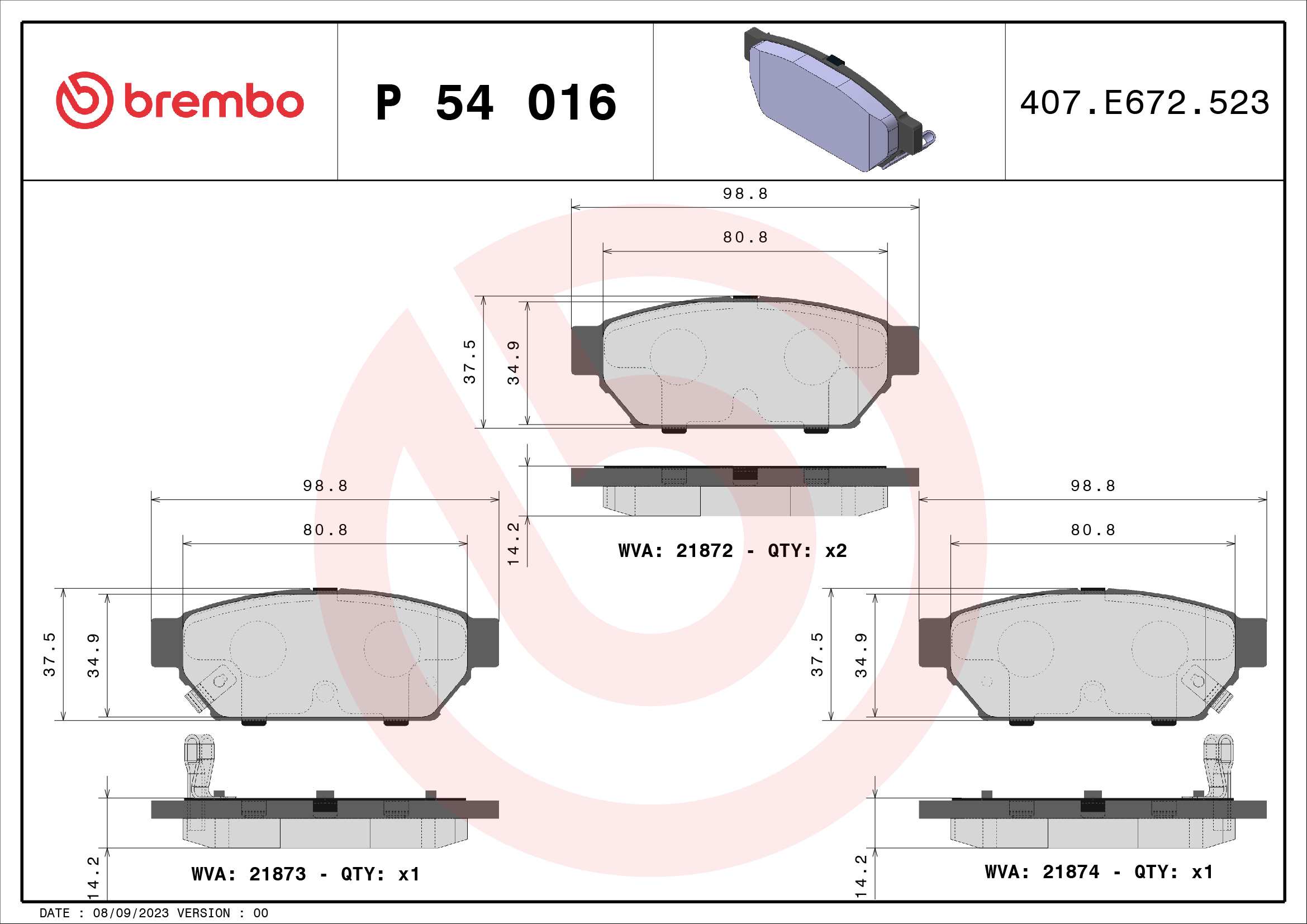 set placute frana,frana disc P 54 016 BREMBO