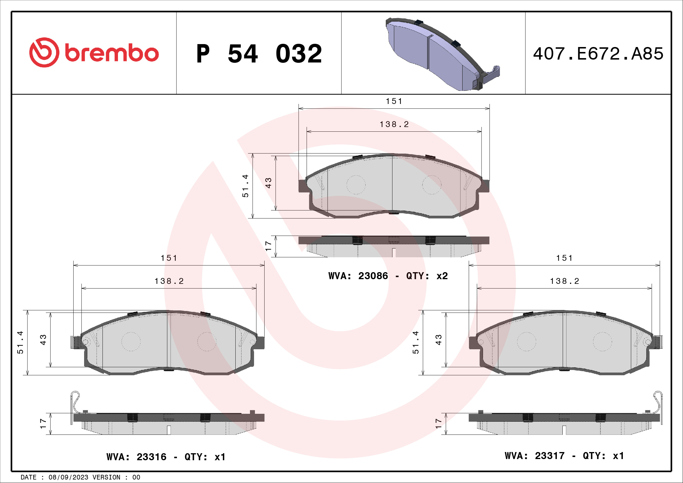 set placute frana,frana disc P 54 032 BREMBO