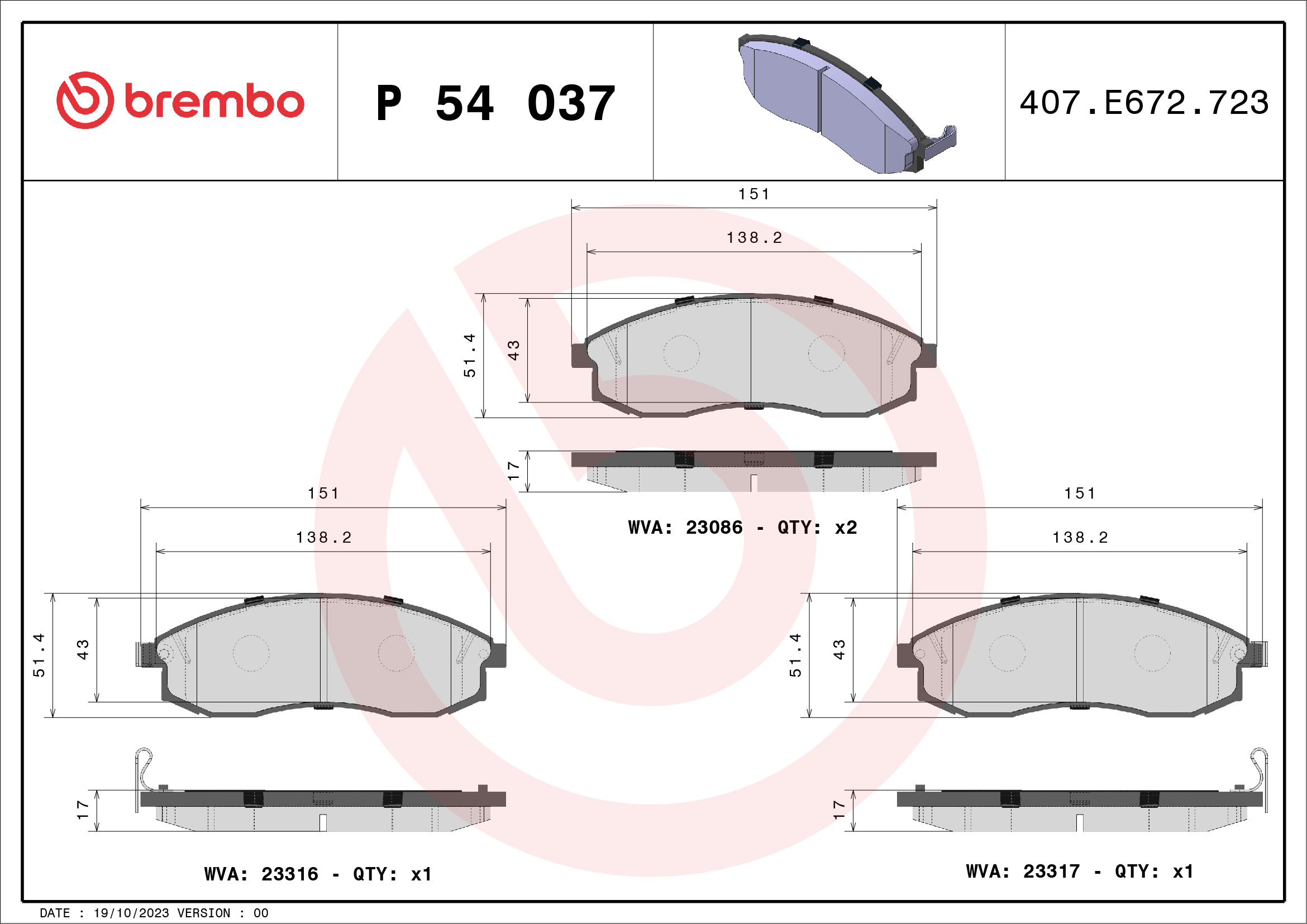 set placute frana,frana disc P 54 037 BREMBO