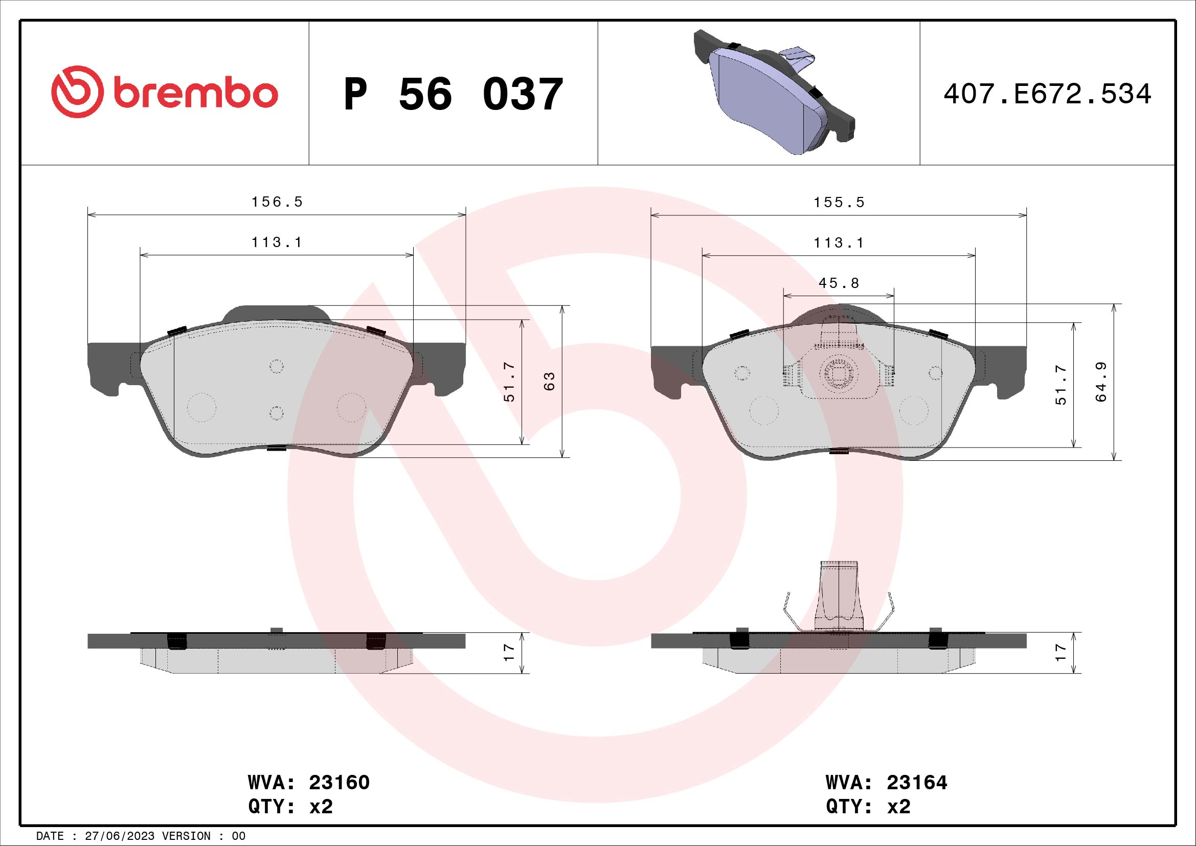 set placute frana,frana disc P 56 037 BREMBO
