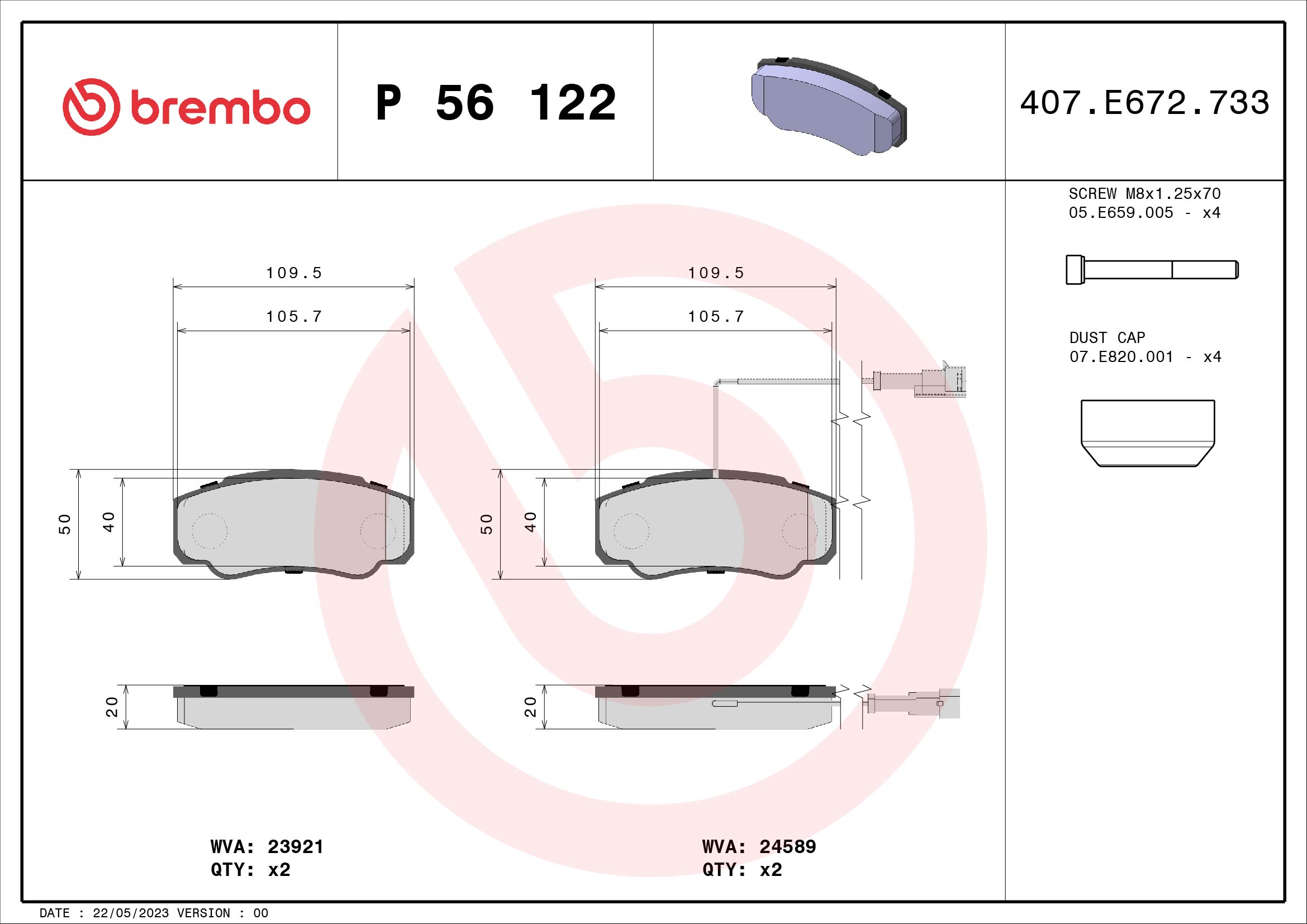 set placute frana,frana disc P 56 122 BREMBO