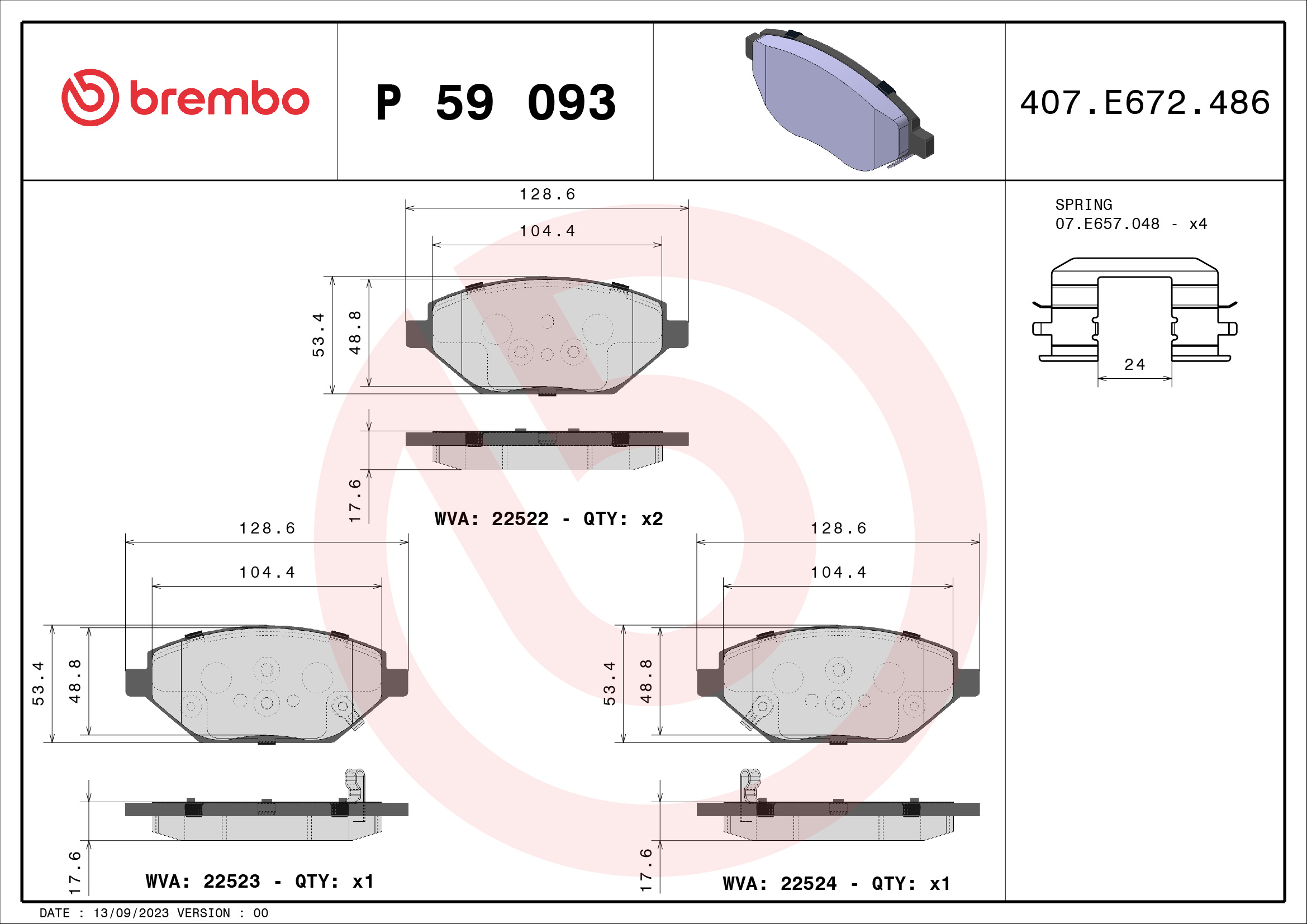 set placute frana,frana disc P 59 093 BREMBO