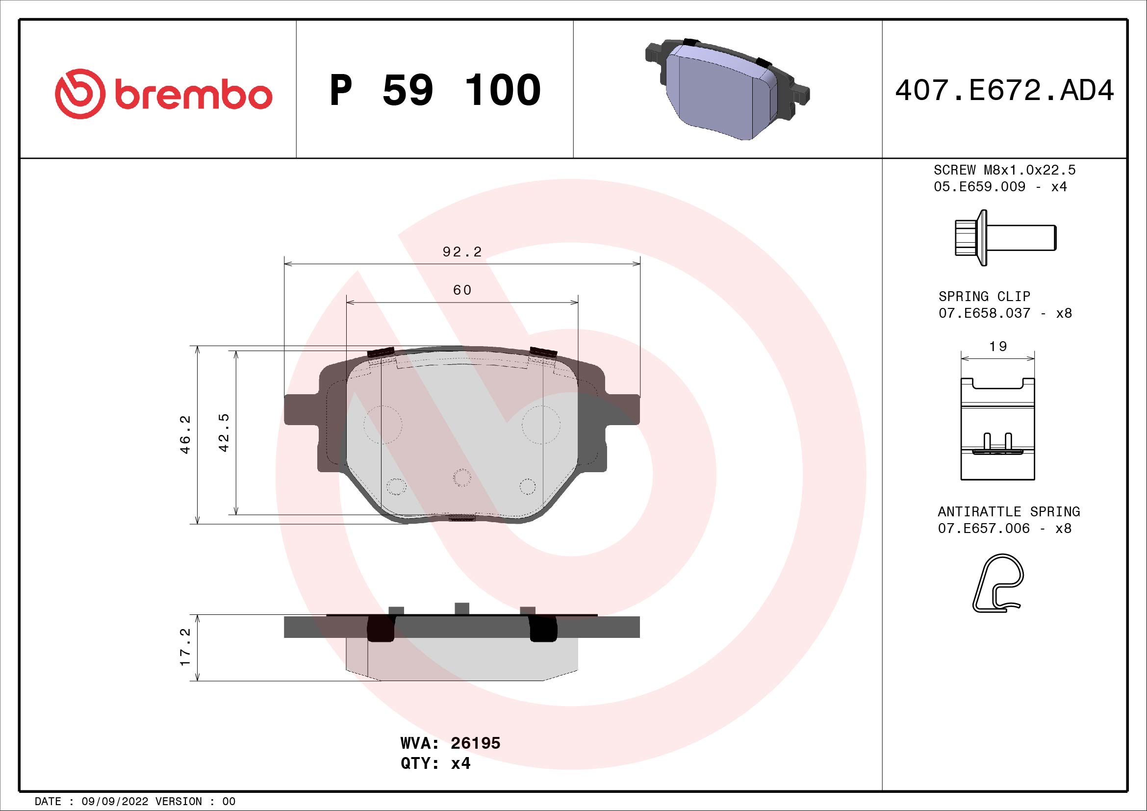 set placute frana,frana disc P 59 100 BREMBO