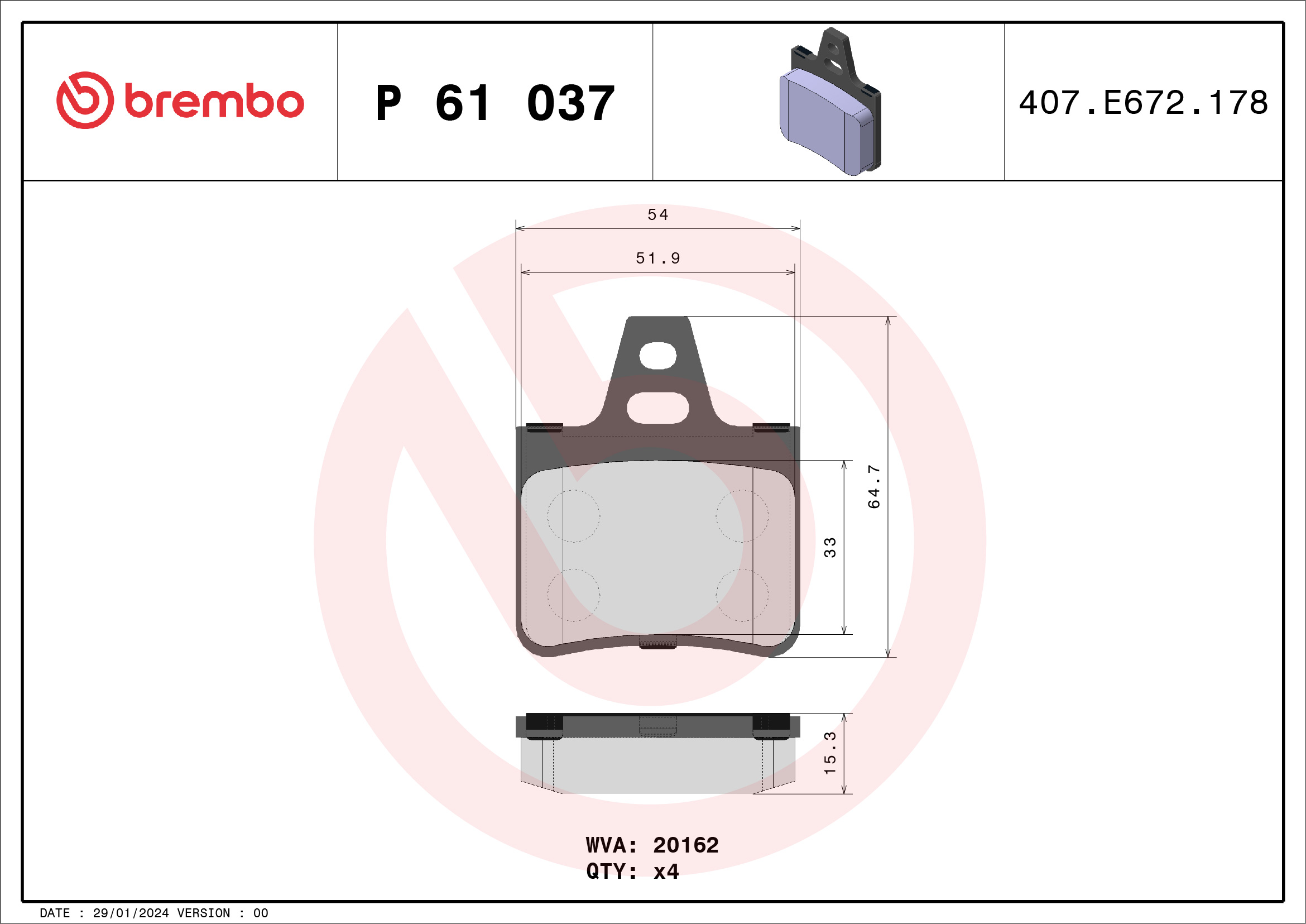 set placute frana,frana disc P 61 037 BREMBO