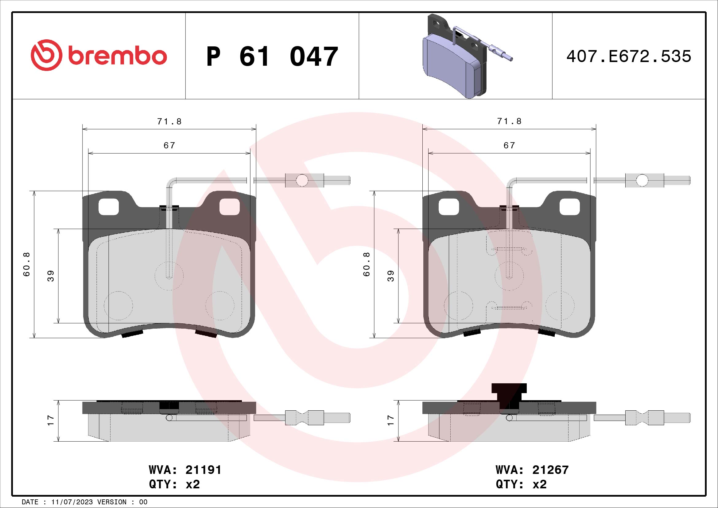set placute frana,frana disc P 61 047 BREMBO