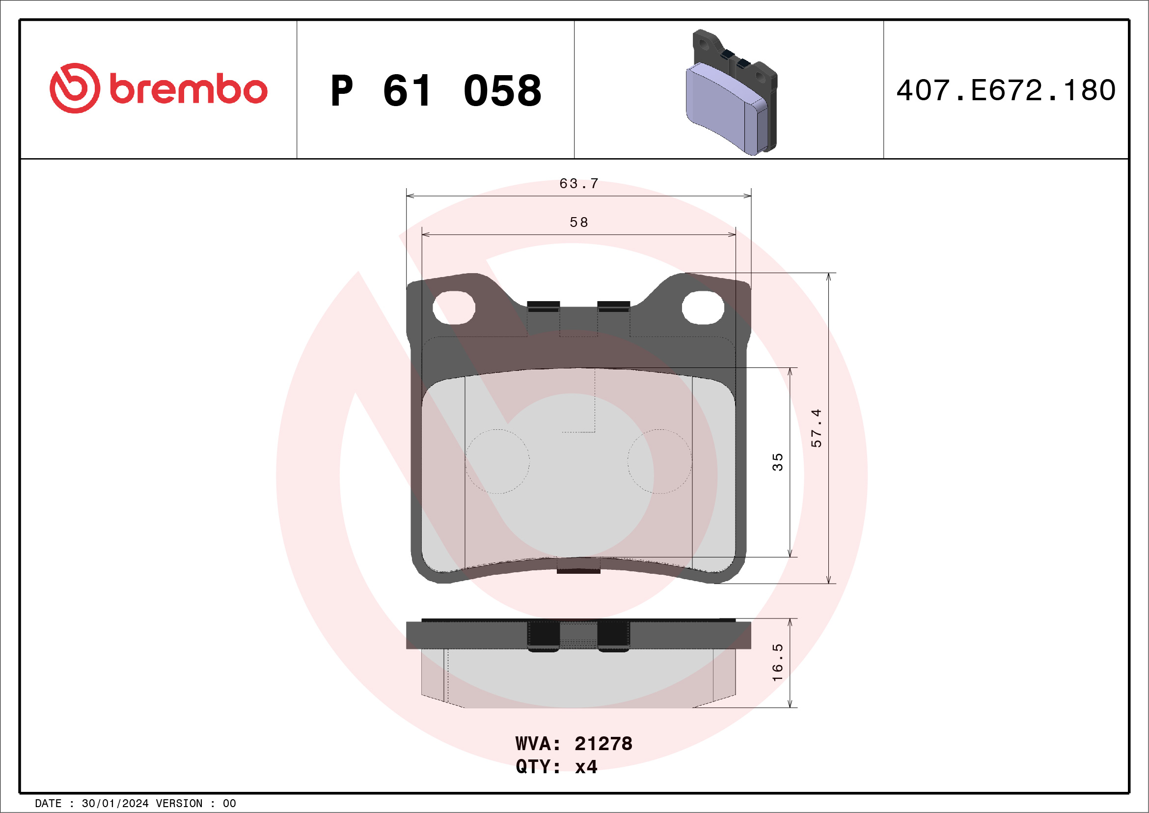 set placute frana,frana disc P 61 058 BREMBO