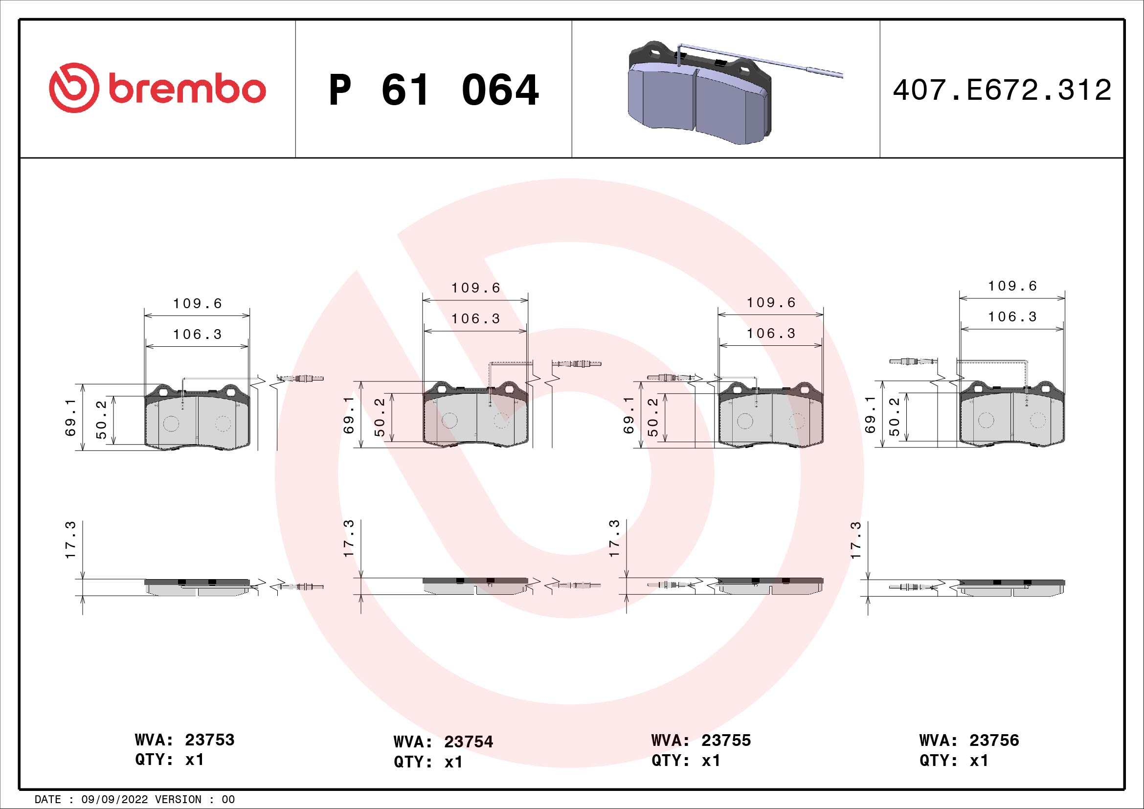 set placute frana,frana disc P 61 064 BREMBO