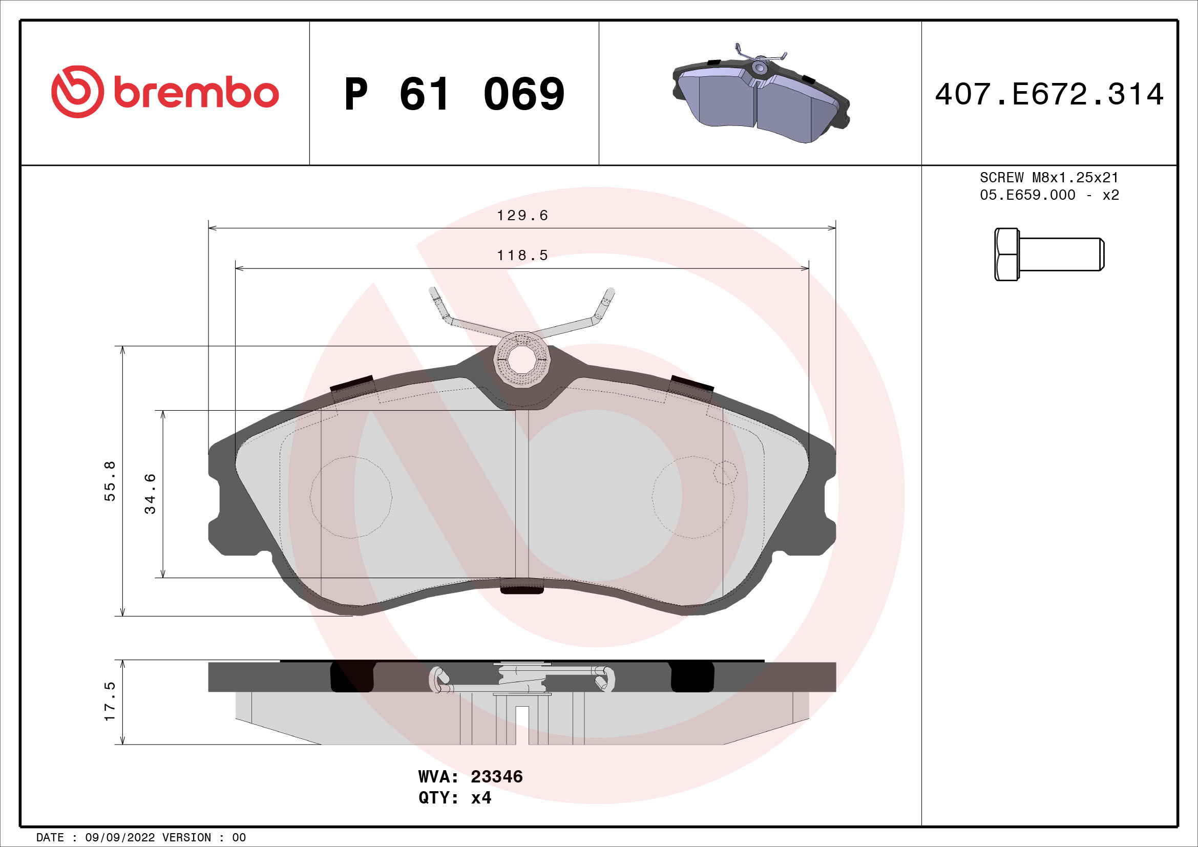 set placute frana,frana disc P 61 069 BREMBO