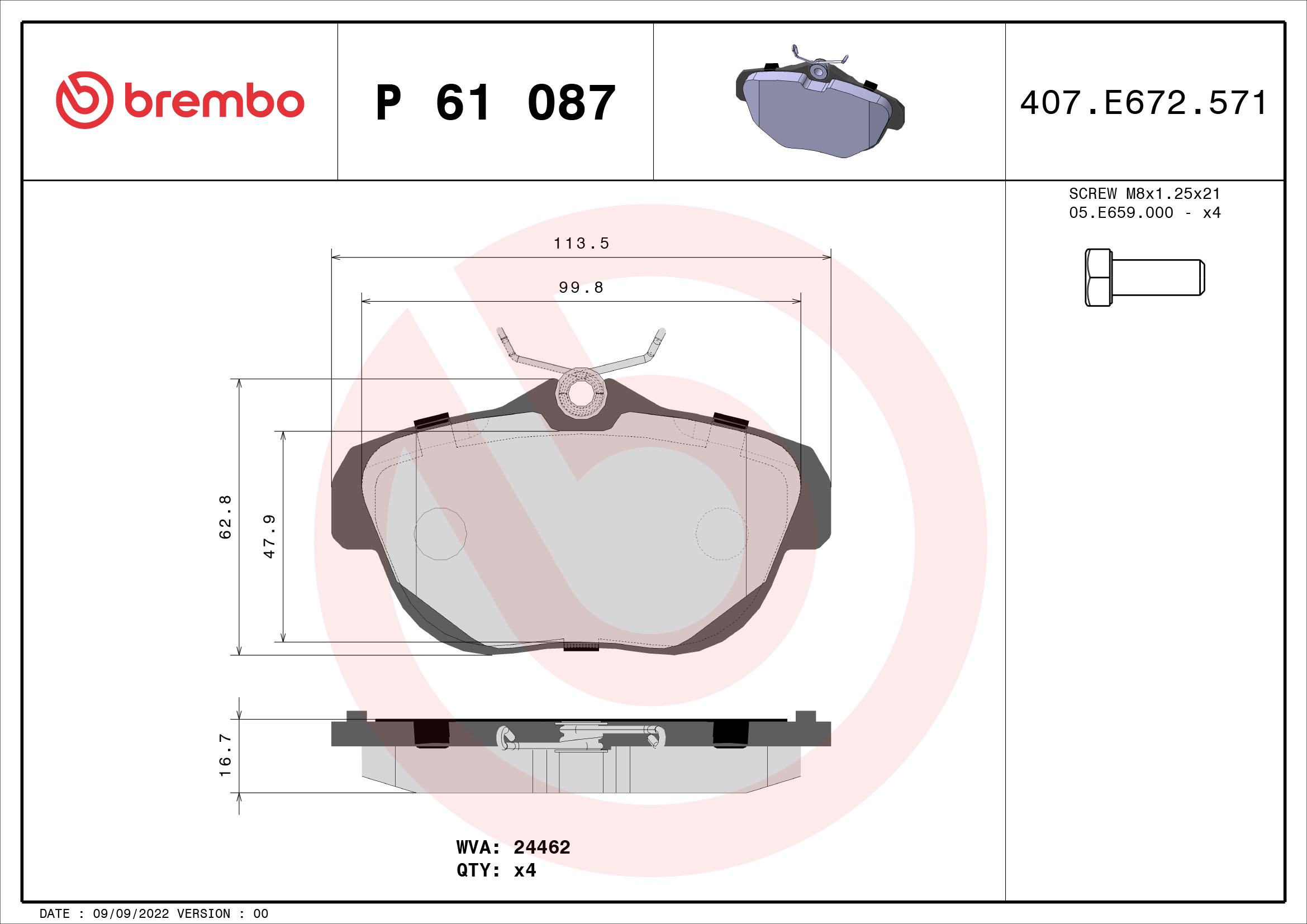 set placute frana,frana disc P 61 087 BREMBO