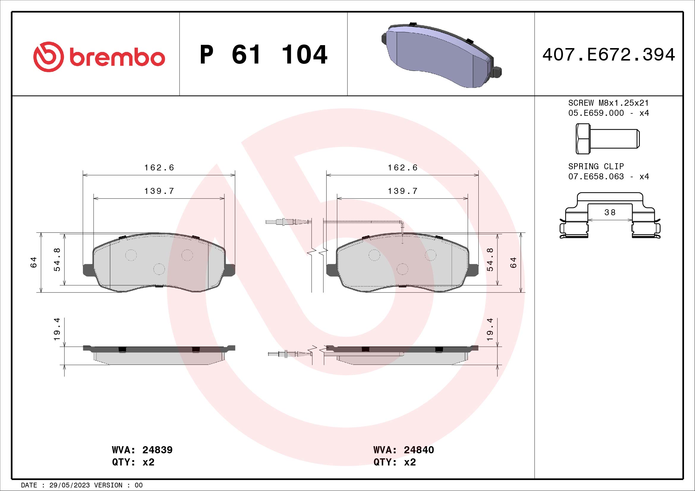 set placute frana,frana disc P 61 104 BREMBO