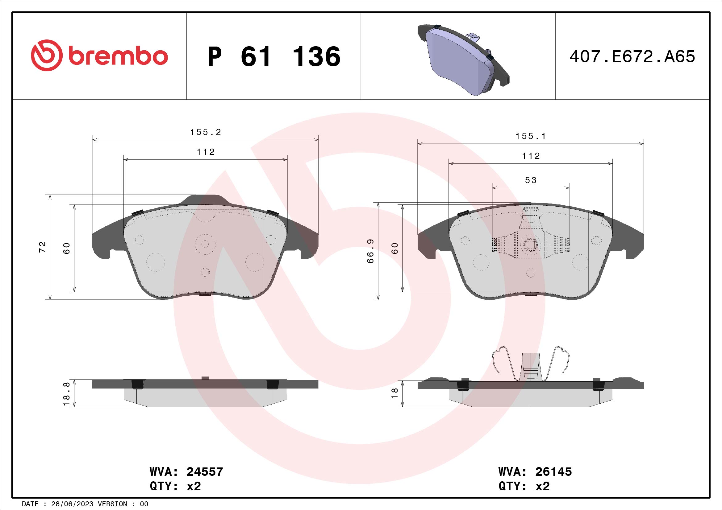 set placute frana,frana disc P 61 136 BREMBO