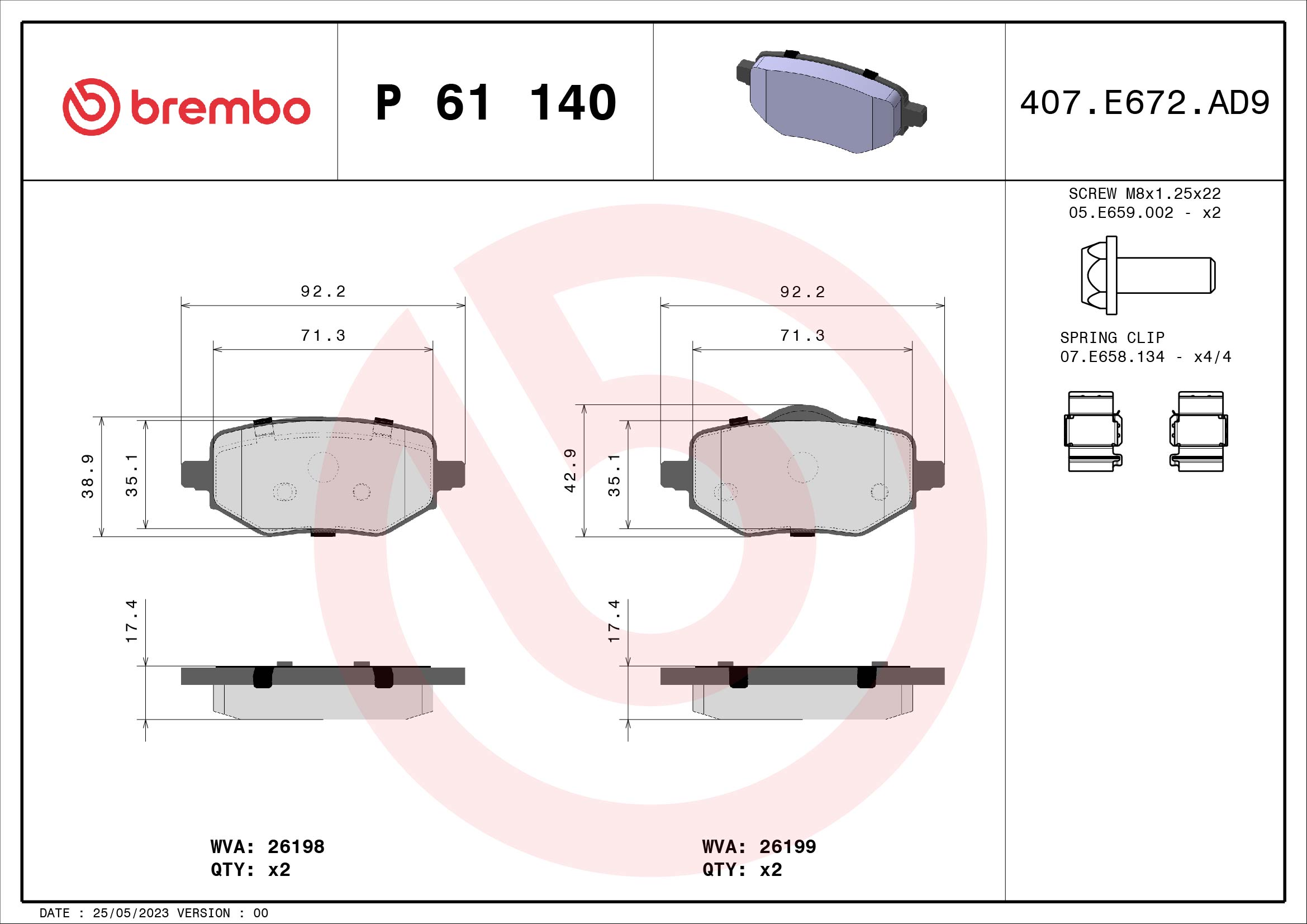 Set placute frana,frana disc P 61 140 BREMBO