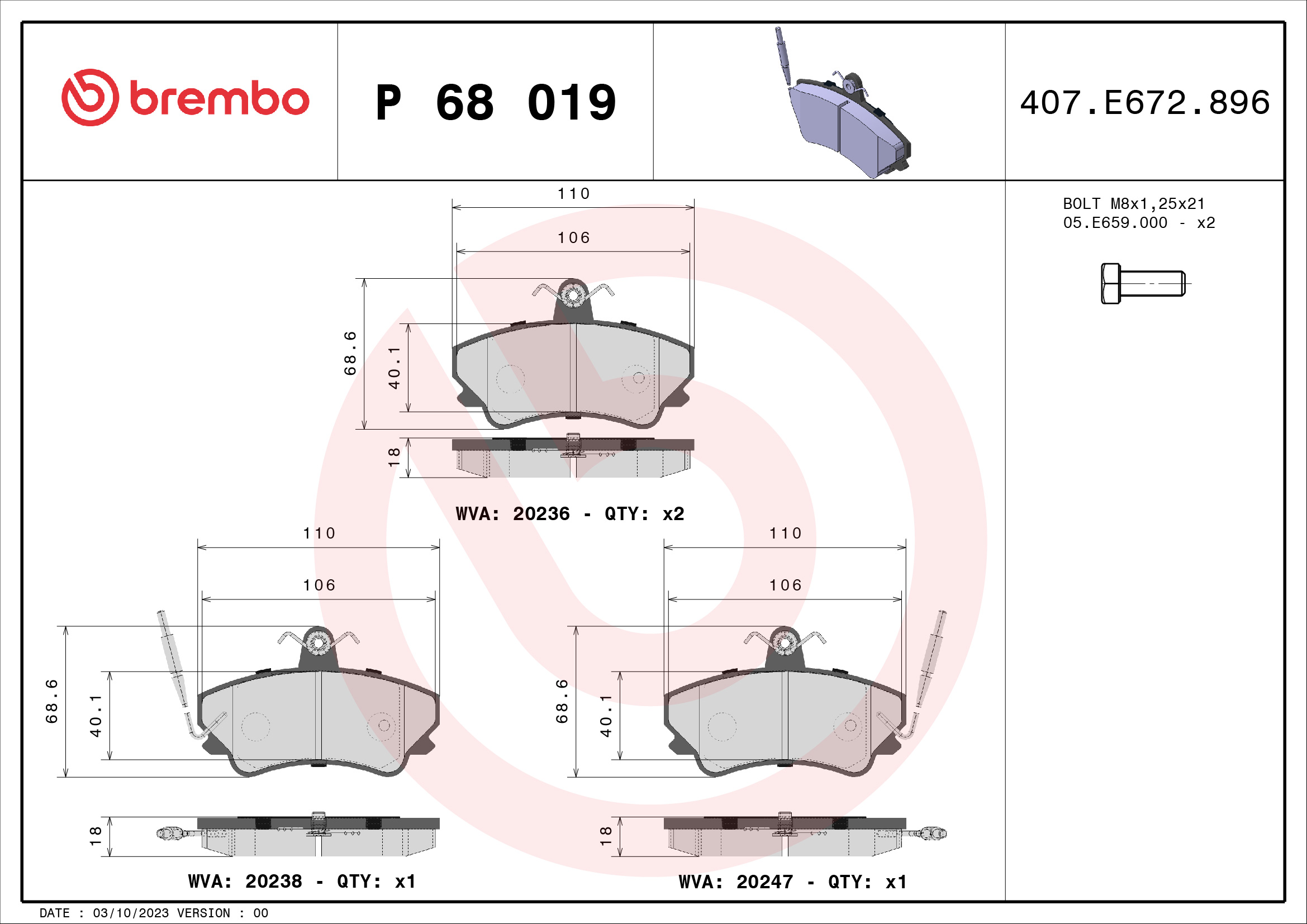set placute frana,frana disc P 68 019 BREMBO