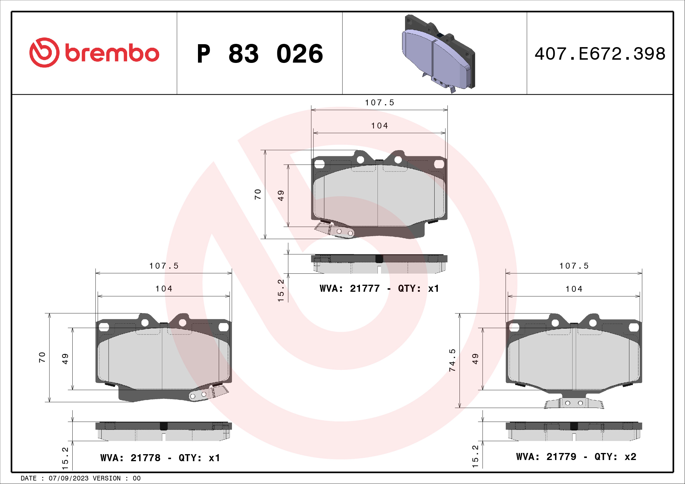 set placute frana,frana disc P 83 026 BREMBO