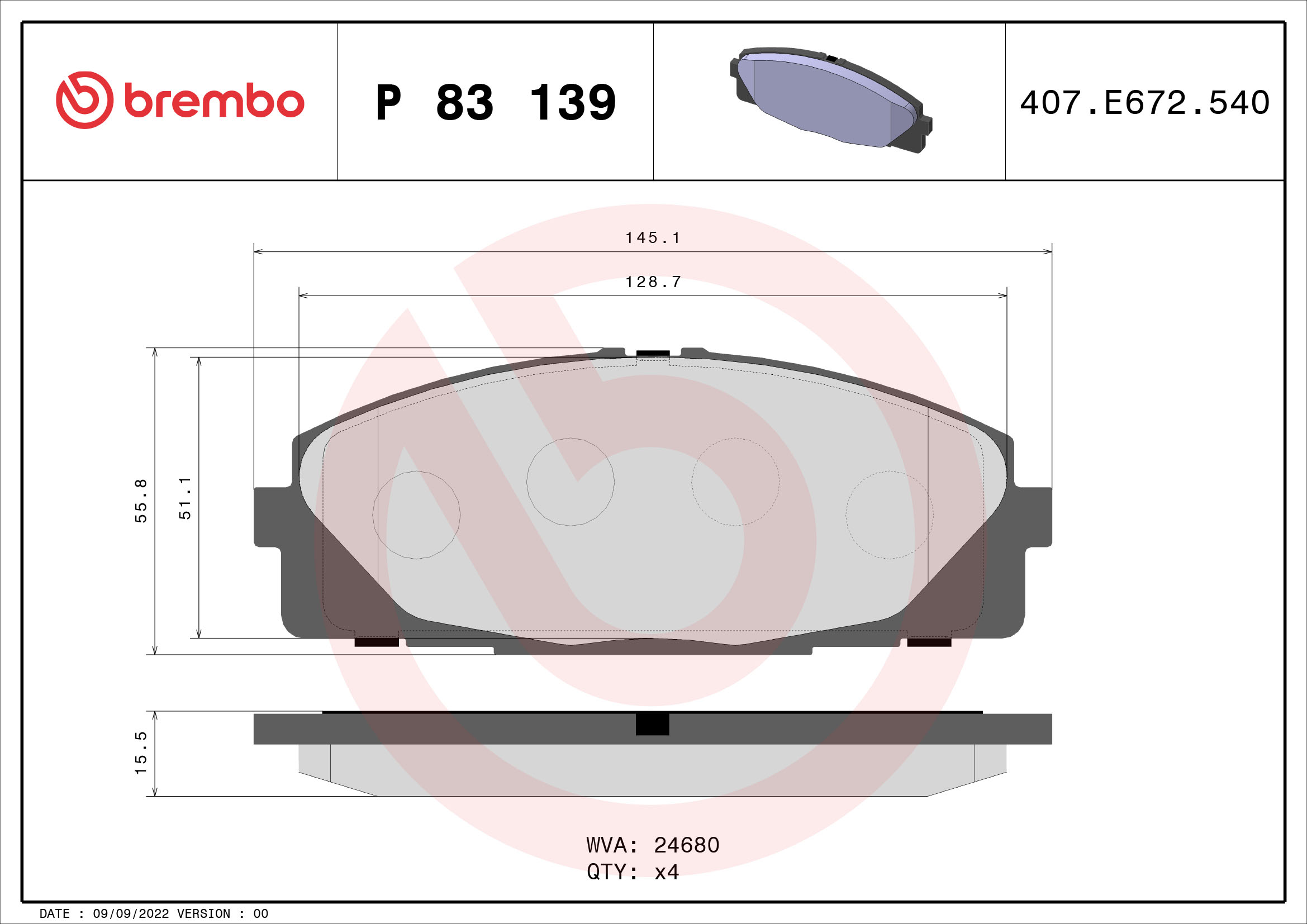 set placute frana,frana disc P 83 139 BREMBO